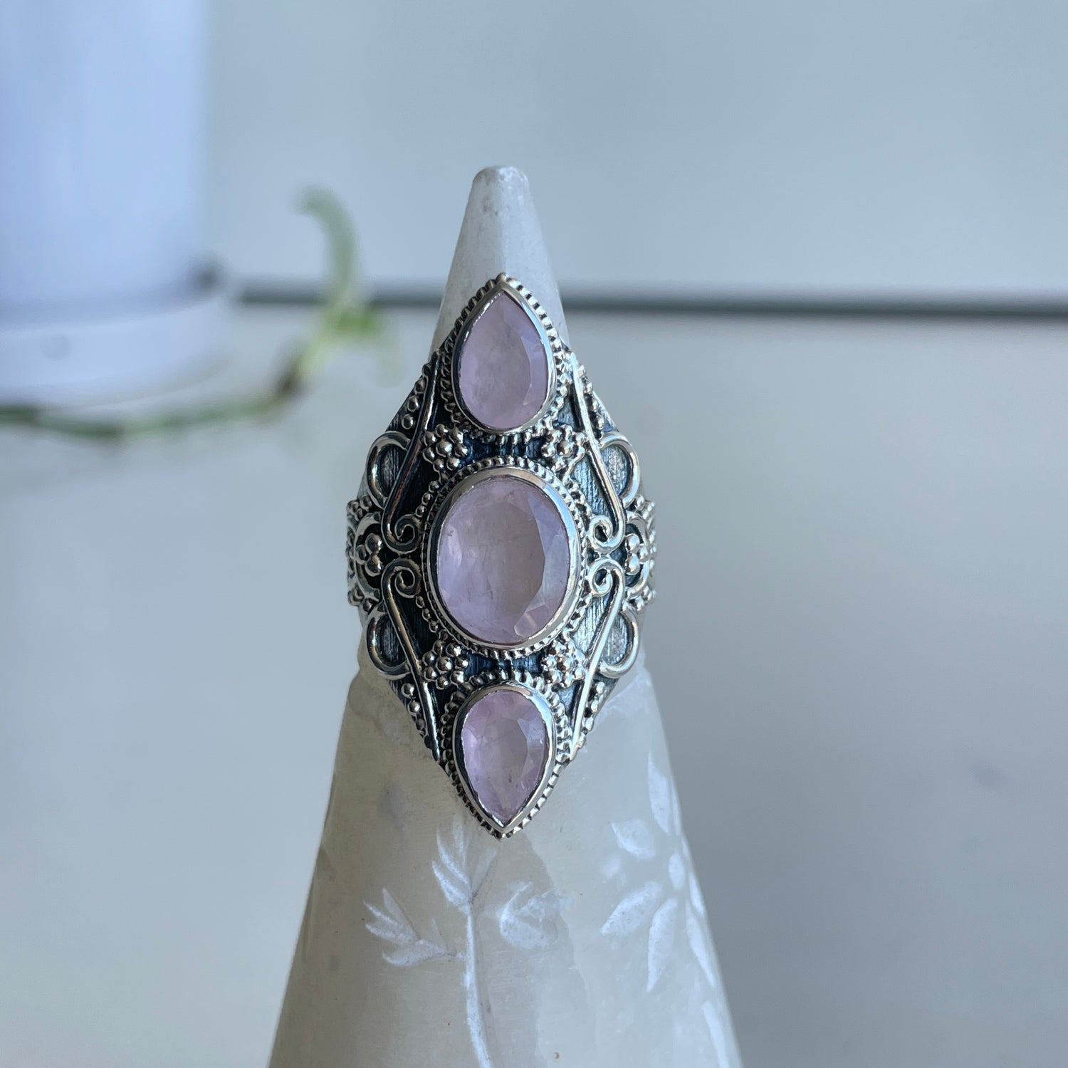 Rose Quartz Triple Stone Ring