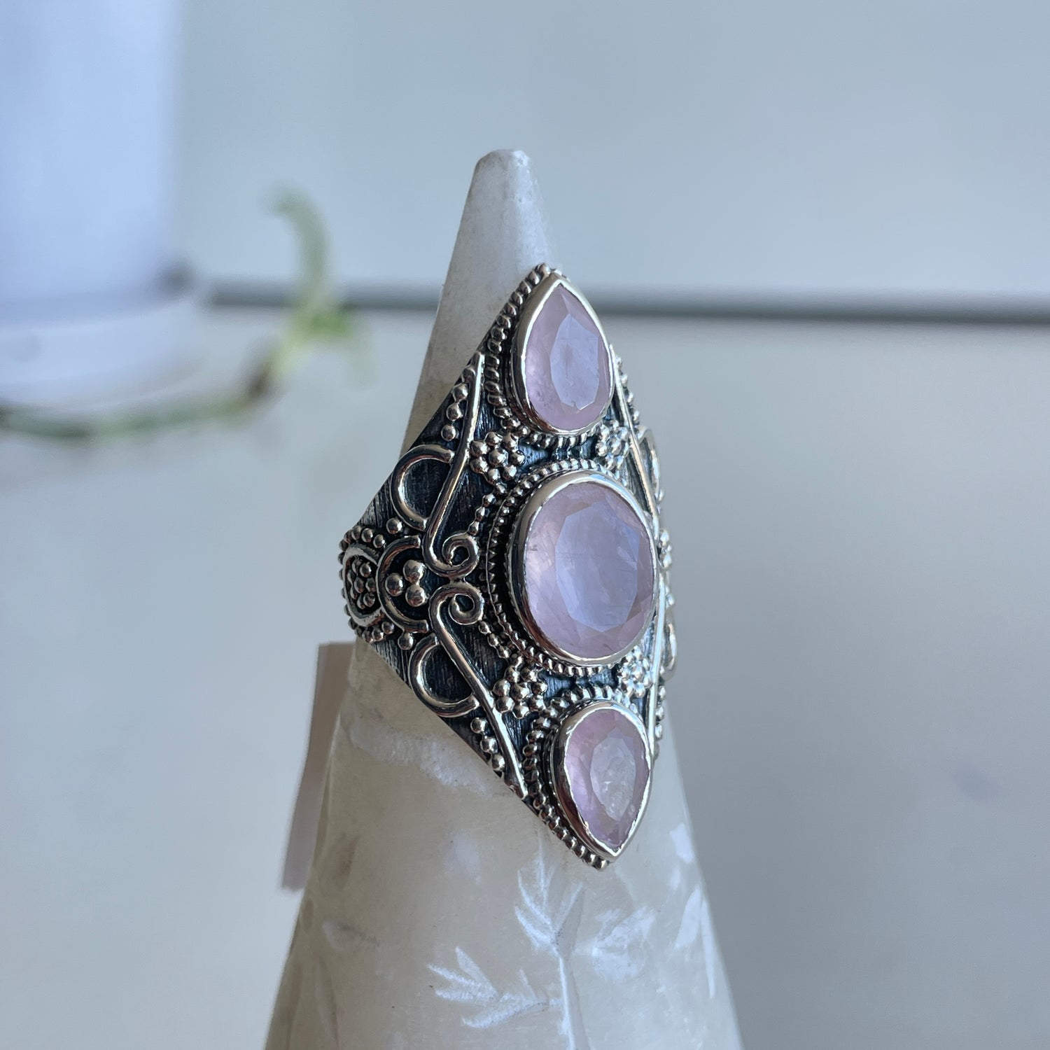 Rose Quartz Triple Stone Ring