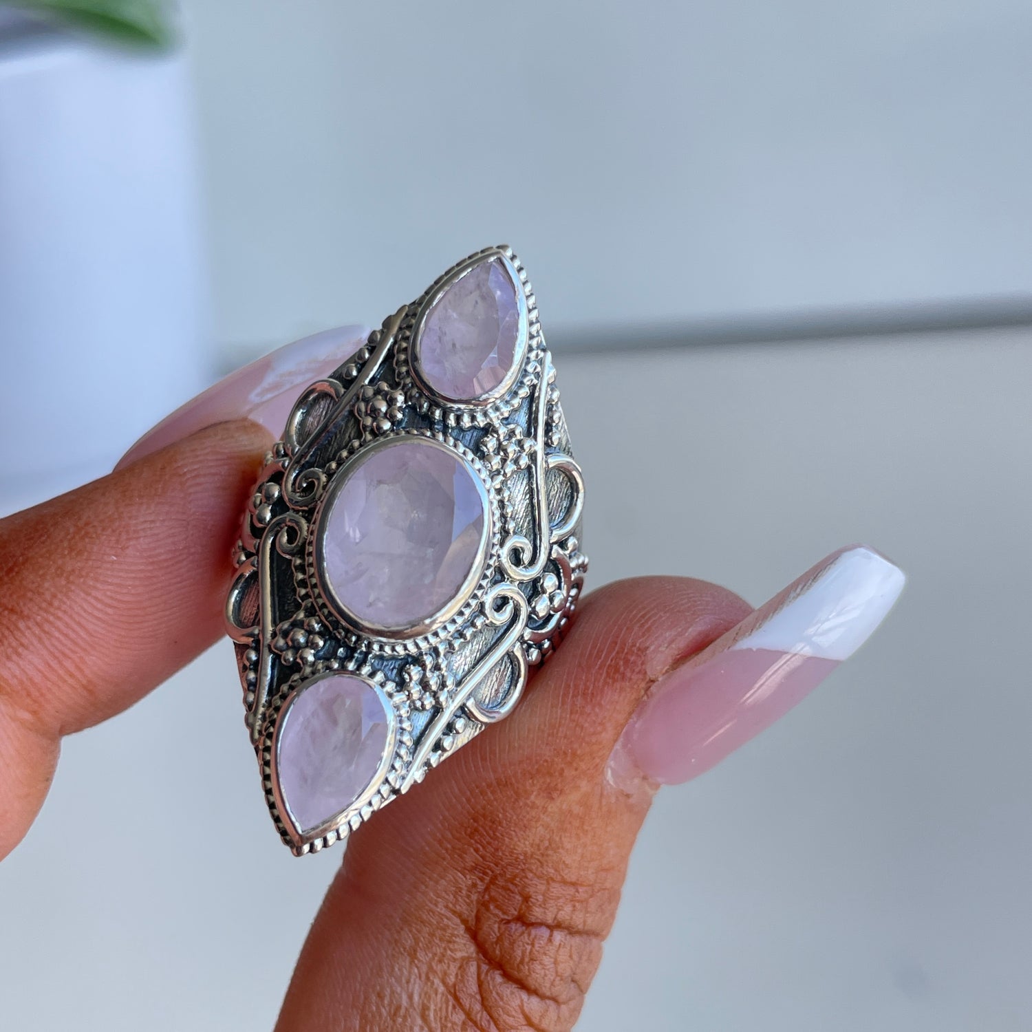 Rose Quartz Triple Stone Ring
