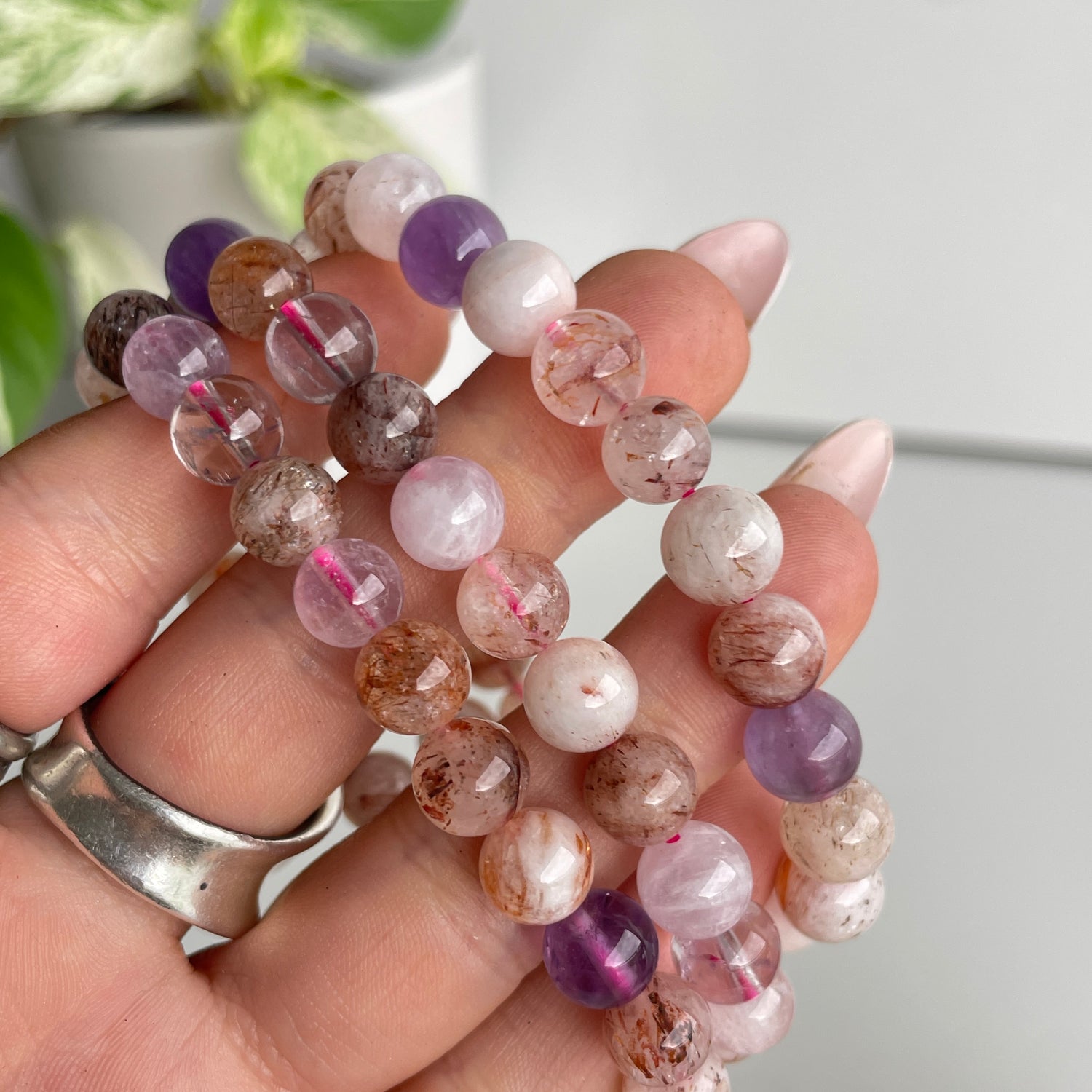 Mixed Rutile Amethyst Rose Quartz Beaded Bracelet