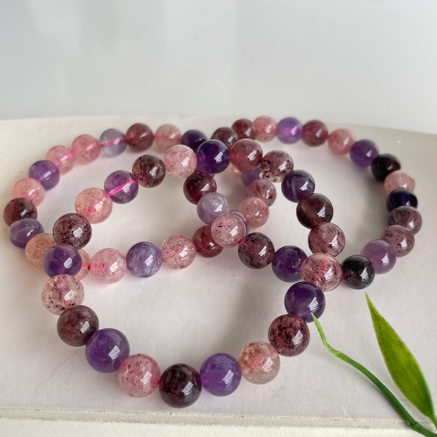 Mixed Rutile Amethyst Strawberry Quartz Beaded Bracelet