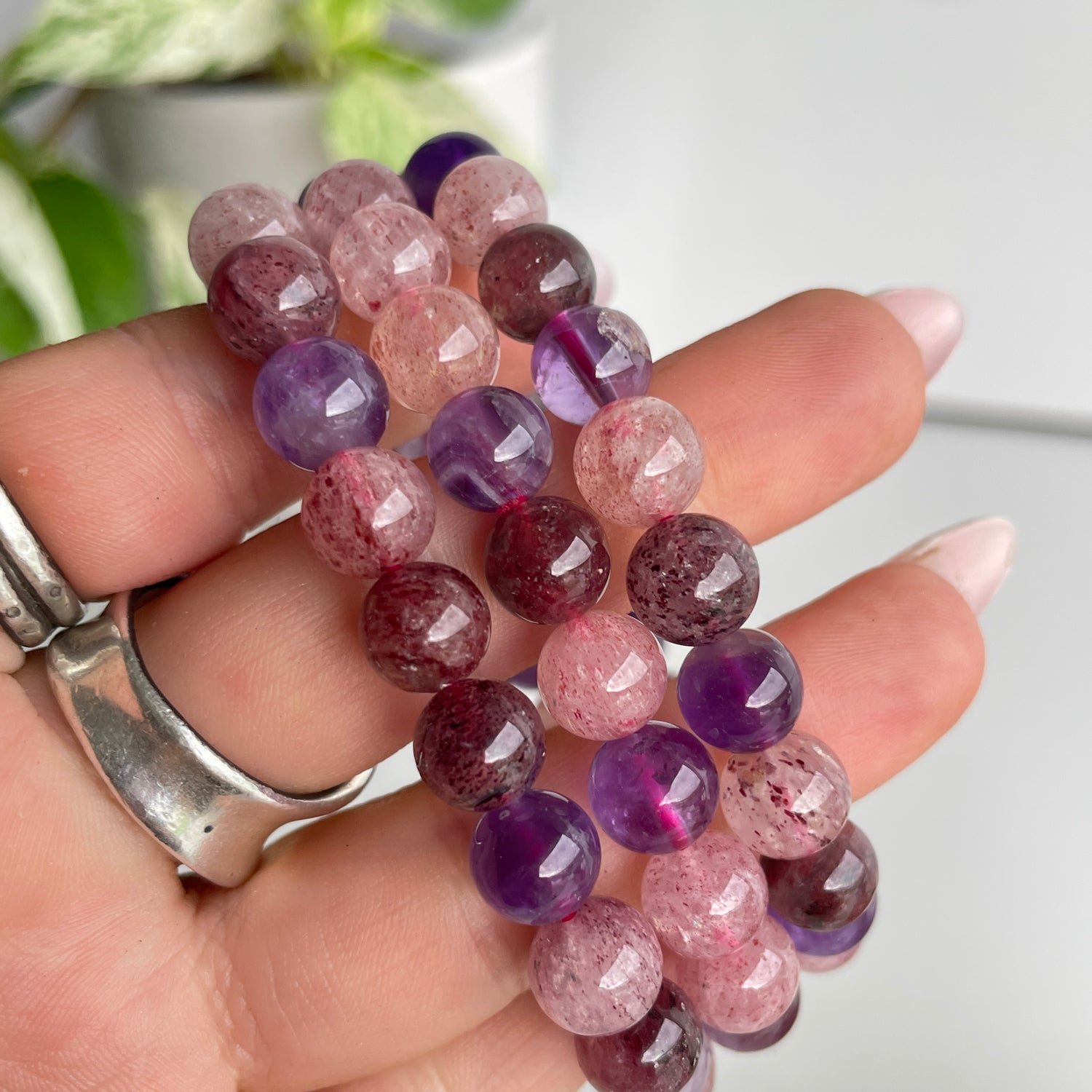 Mixed Rutile Amethyst Strawberry Quartz Beaded Bracelet