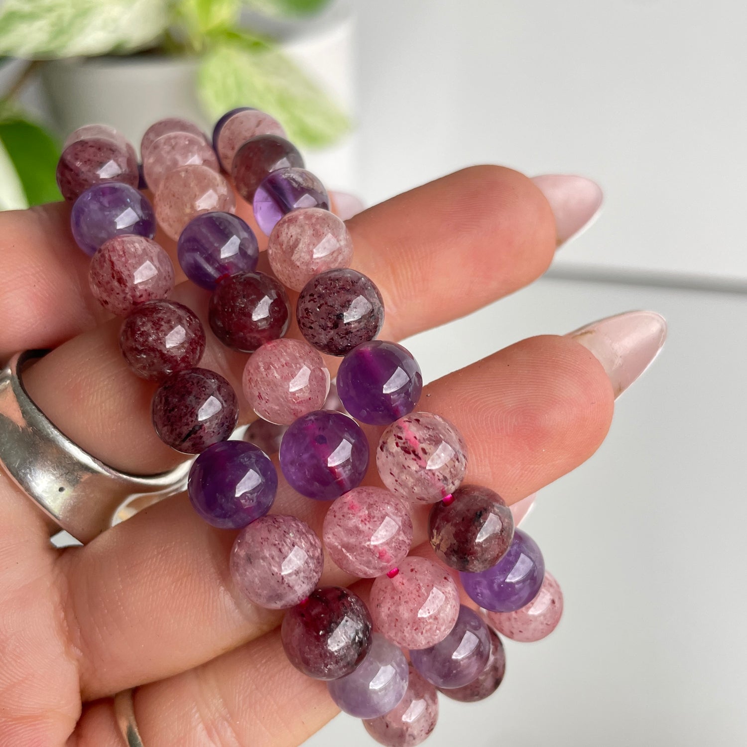 Mixed Rutile Amethyst Strawberry Quartz Beaded Bracelet