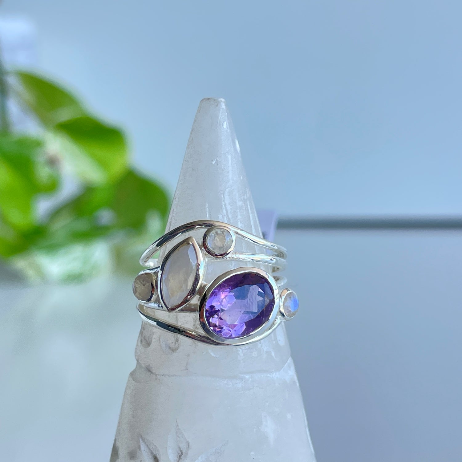 Amethyst & Moonstone Multi Stone Ring Sz7