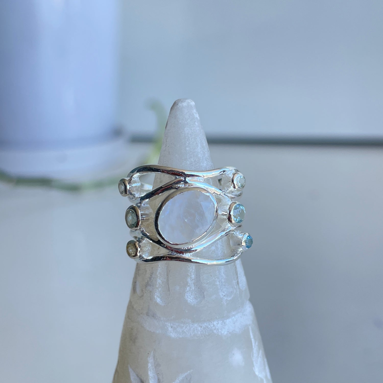 Moonstone Oval Ring With Blue Topaz