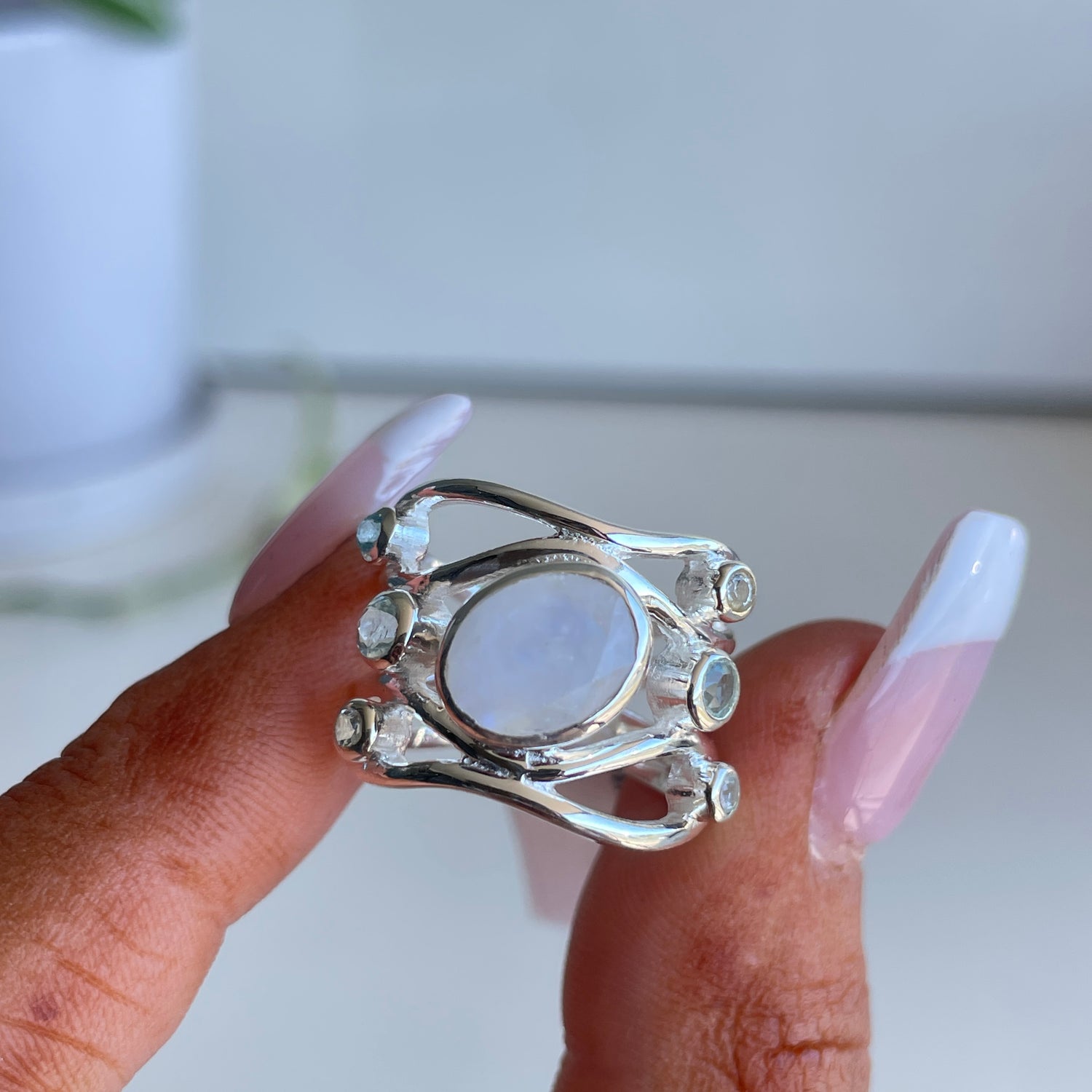 Moonstone Oval Ring With Blue Topaz