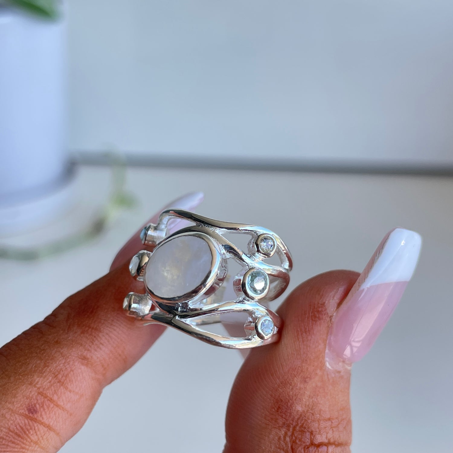Moonstone Oval Ring With Blue Topaz