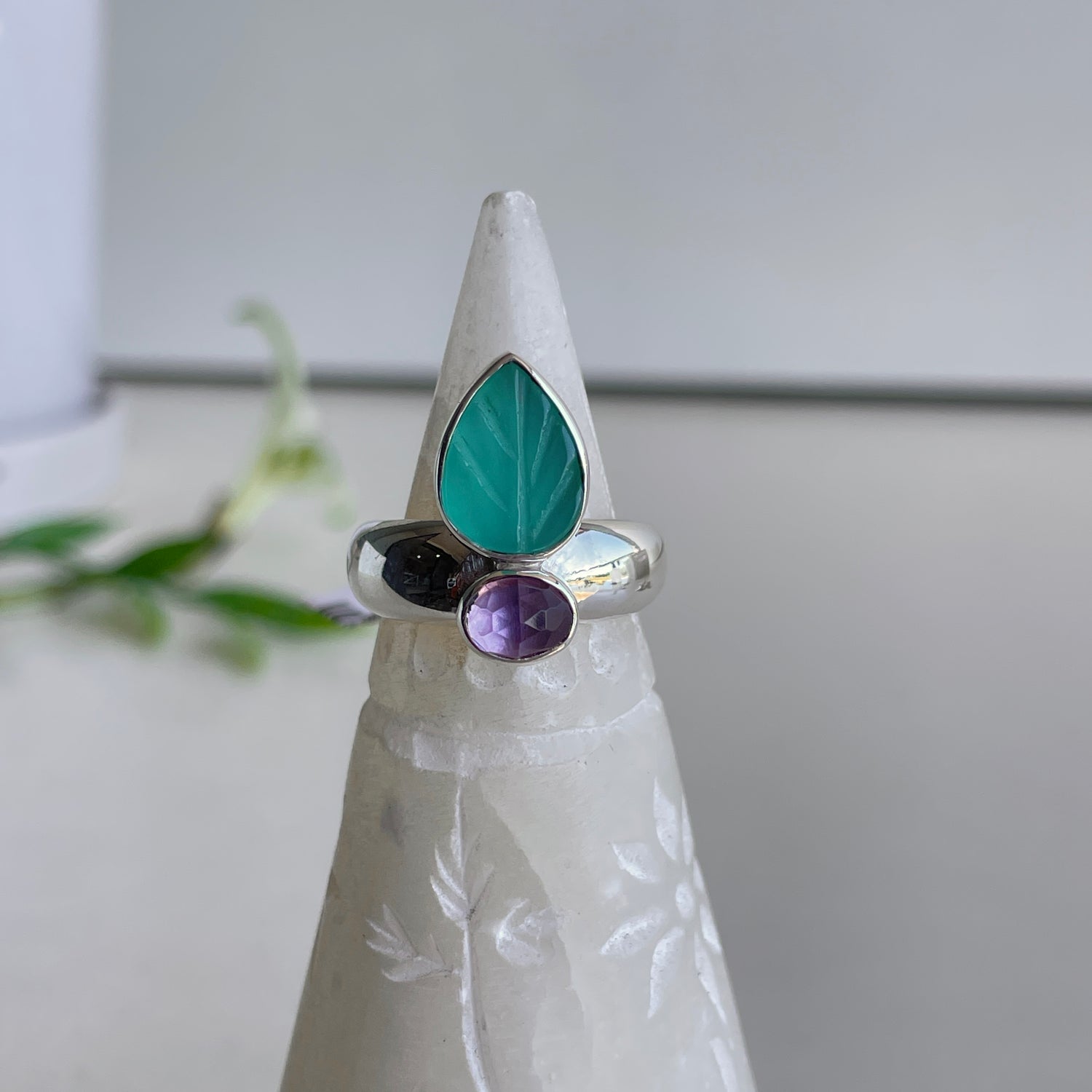 Carved Amazonite & Amethyst Ring Sz7.5