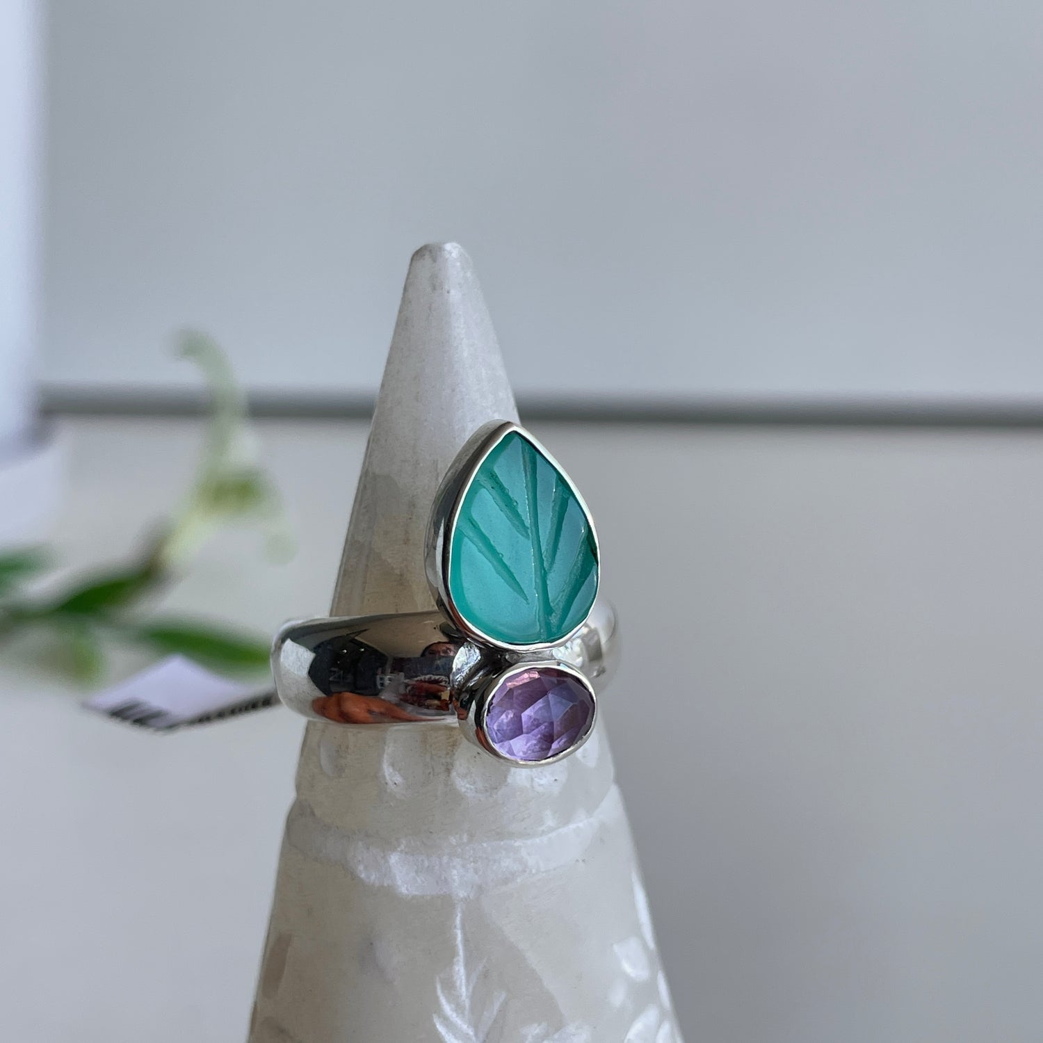 Carved Amazonite & Amethyst Ring Sz7.5