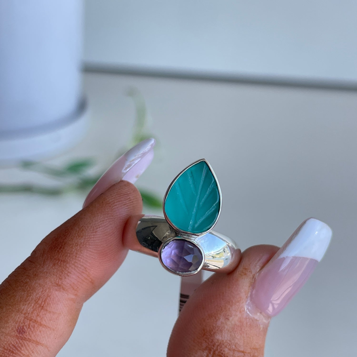 Carved Amazonite & Amethyst Ring Sz7.5