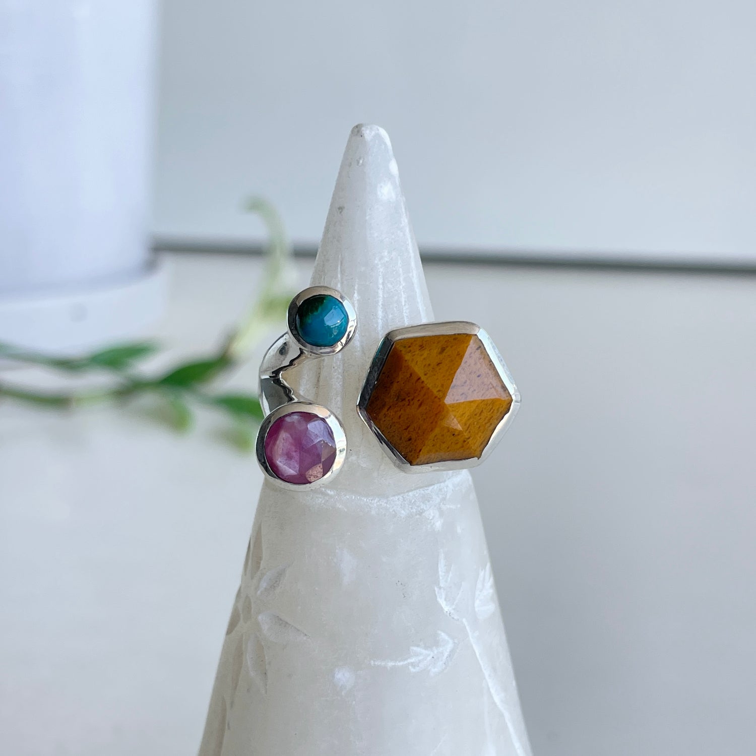 Yellow Aventurine, Chrysocolla and Sapphire Ring Sz8