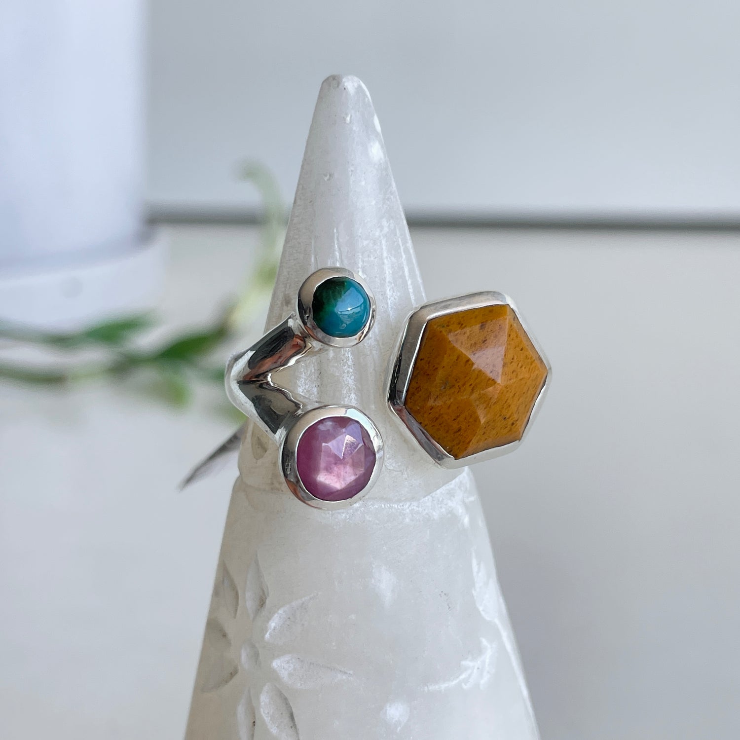 Yellow Aventurine, Chrysocolla and Sapphire Ring Sz8