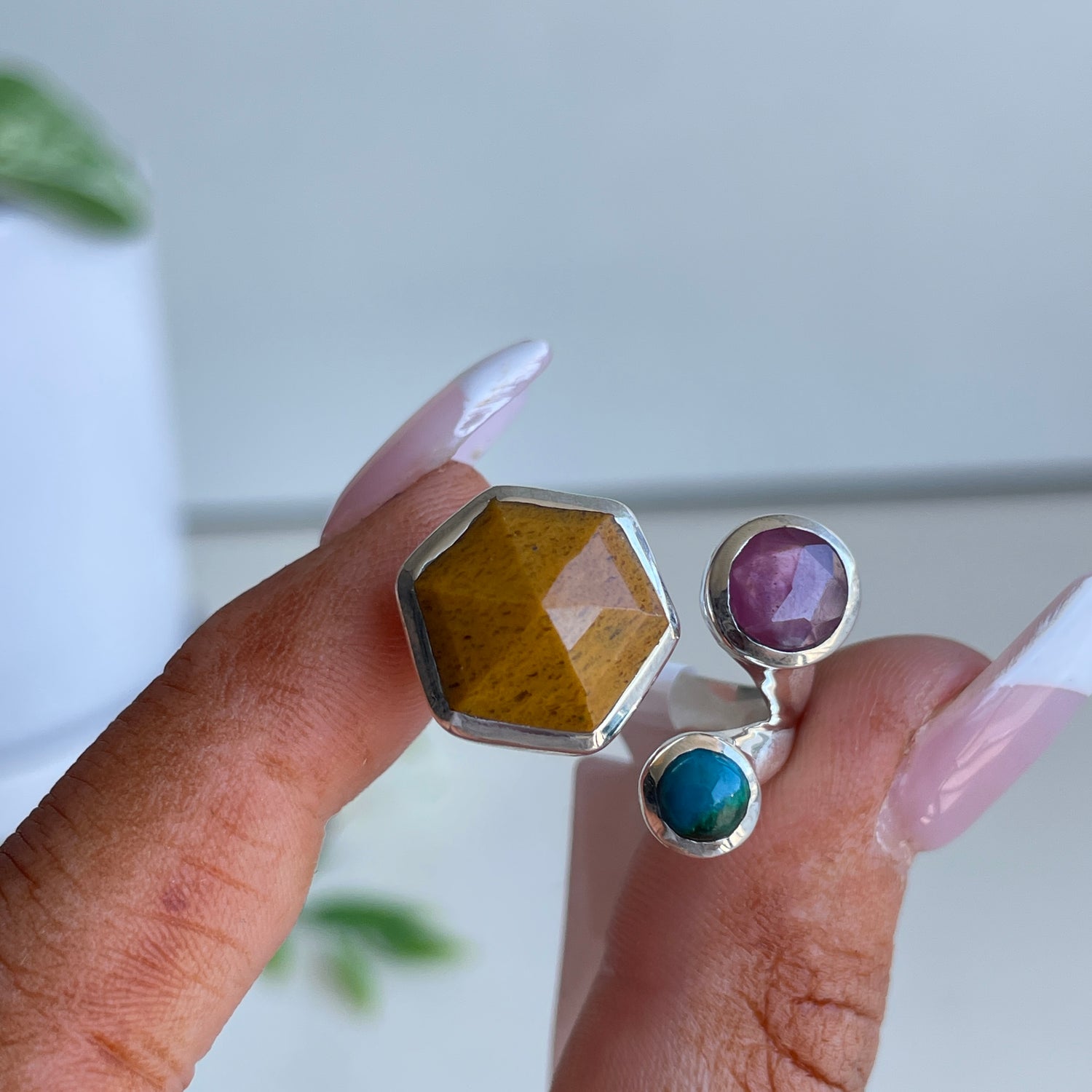 Yellow Aventurine, Chrysocolla and Sapphire Ring Sz8
