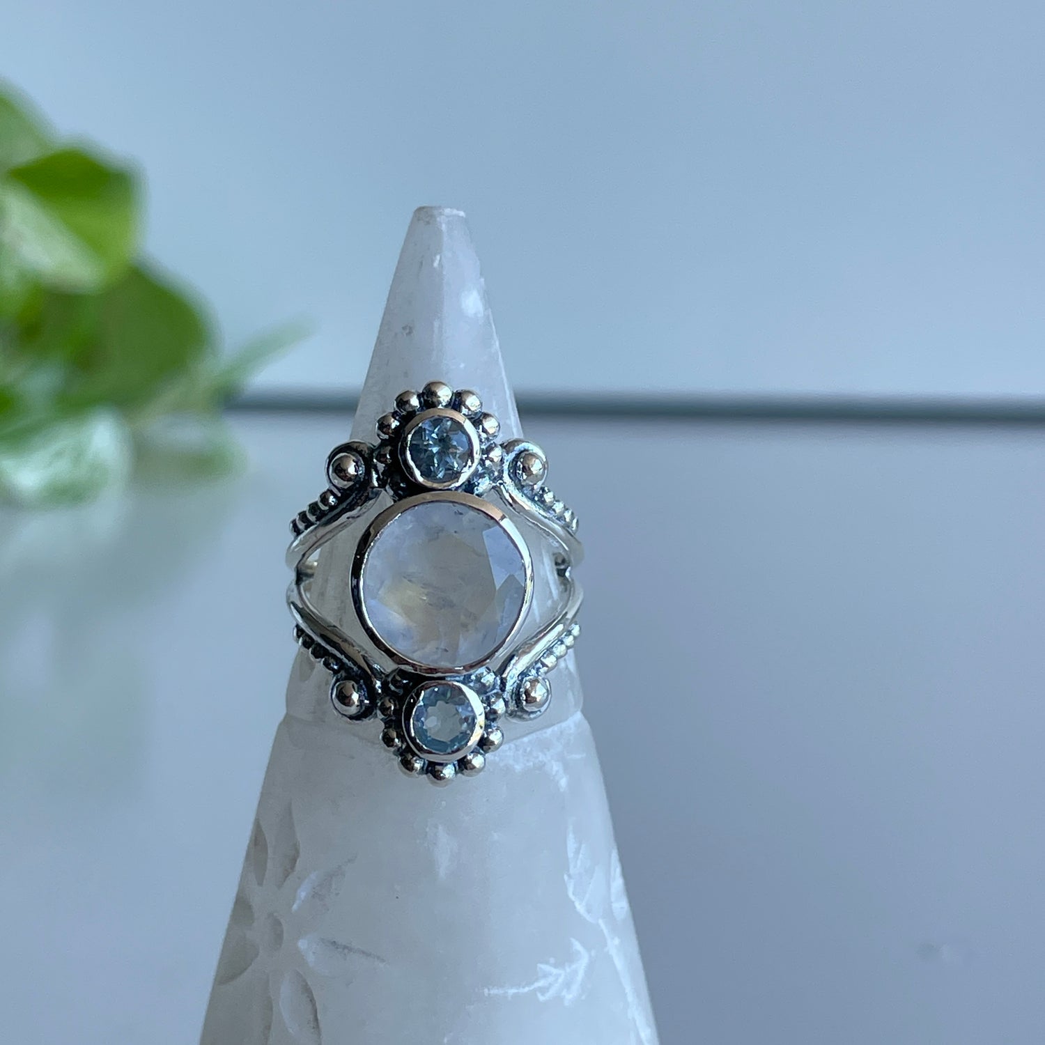 Moonstone & Blue Topaz Detailed Ring