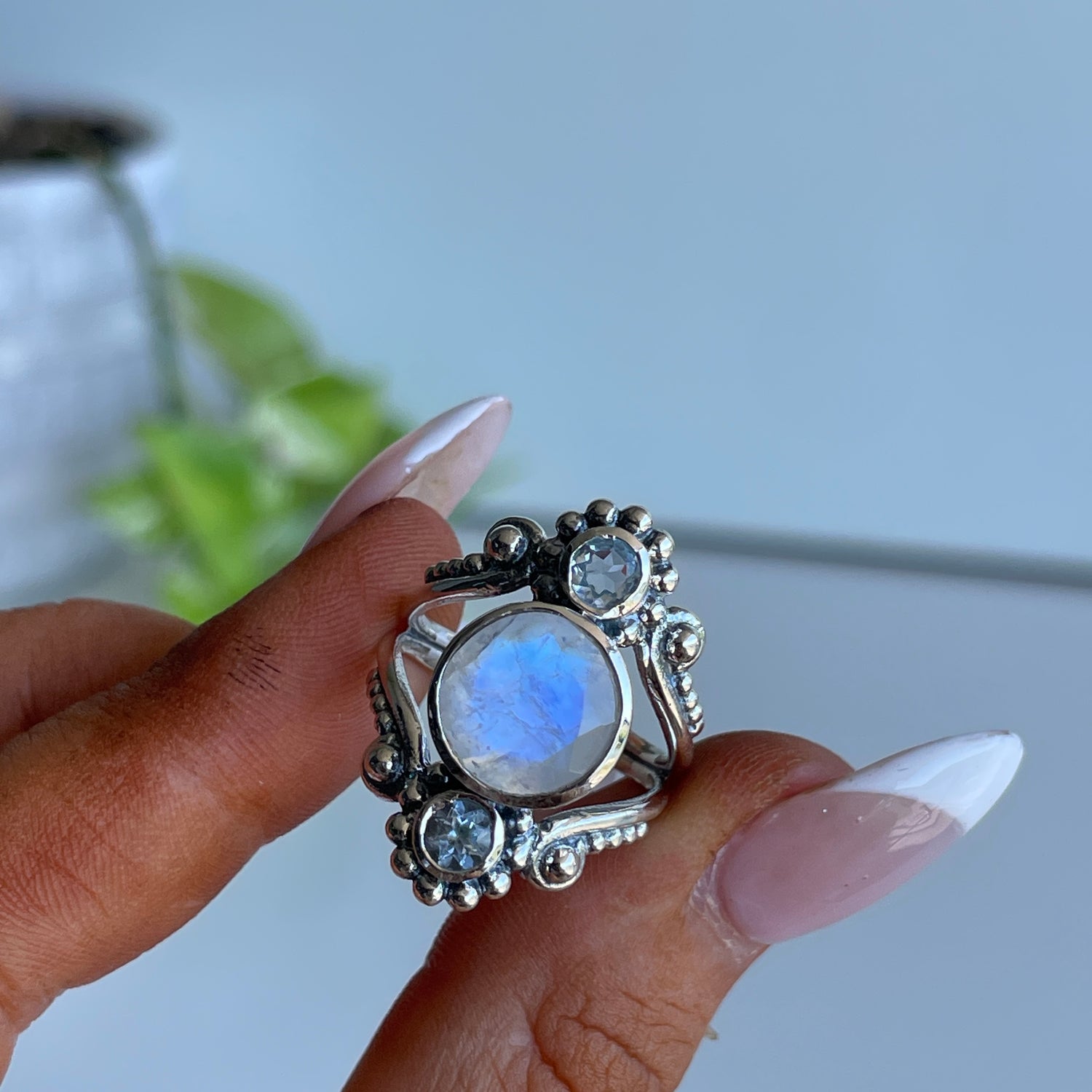 Moonstone & Blue Topaz Detailed Ring