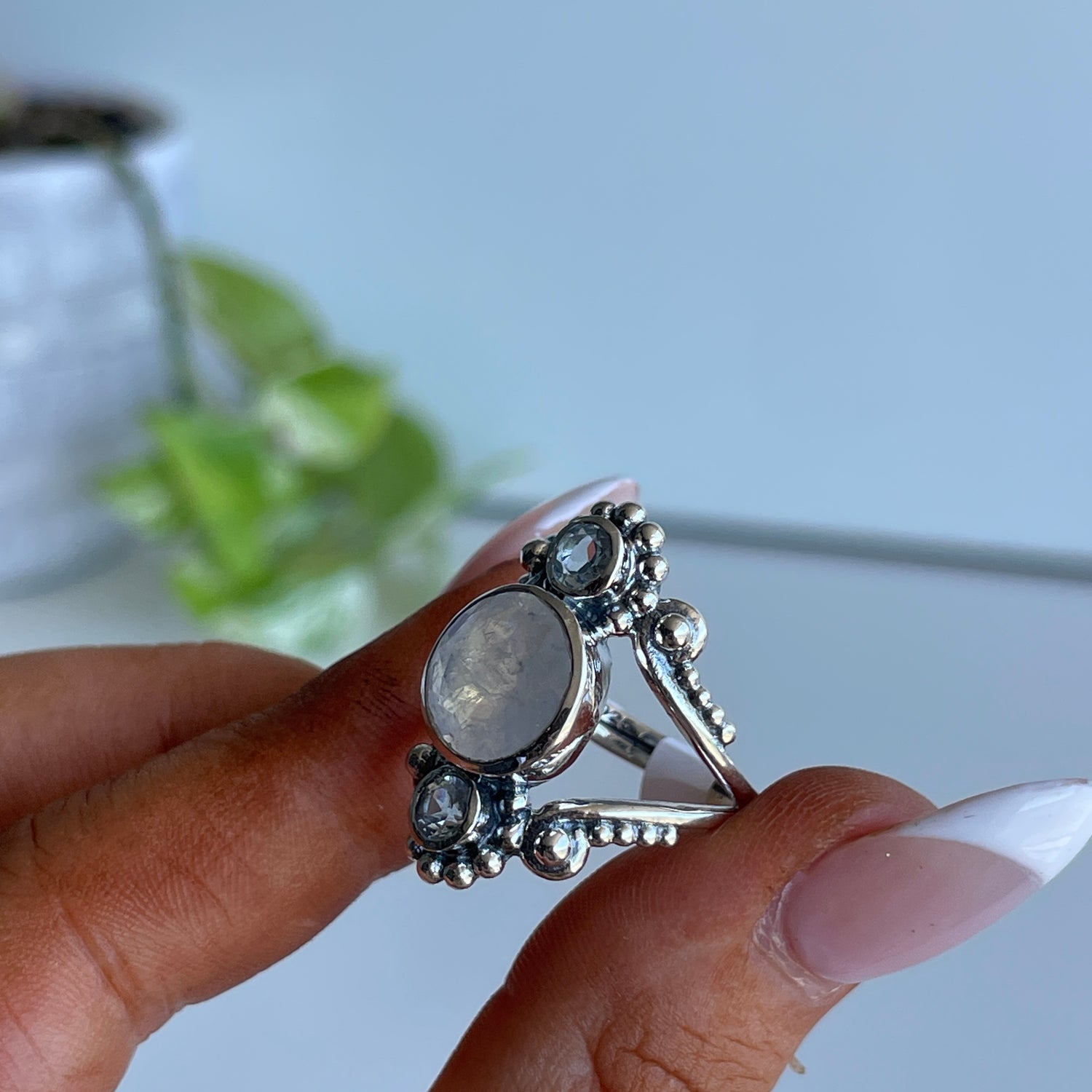 Moonstone & Blue Topaz Detailed Ring