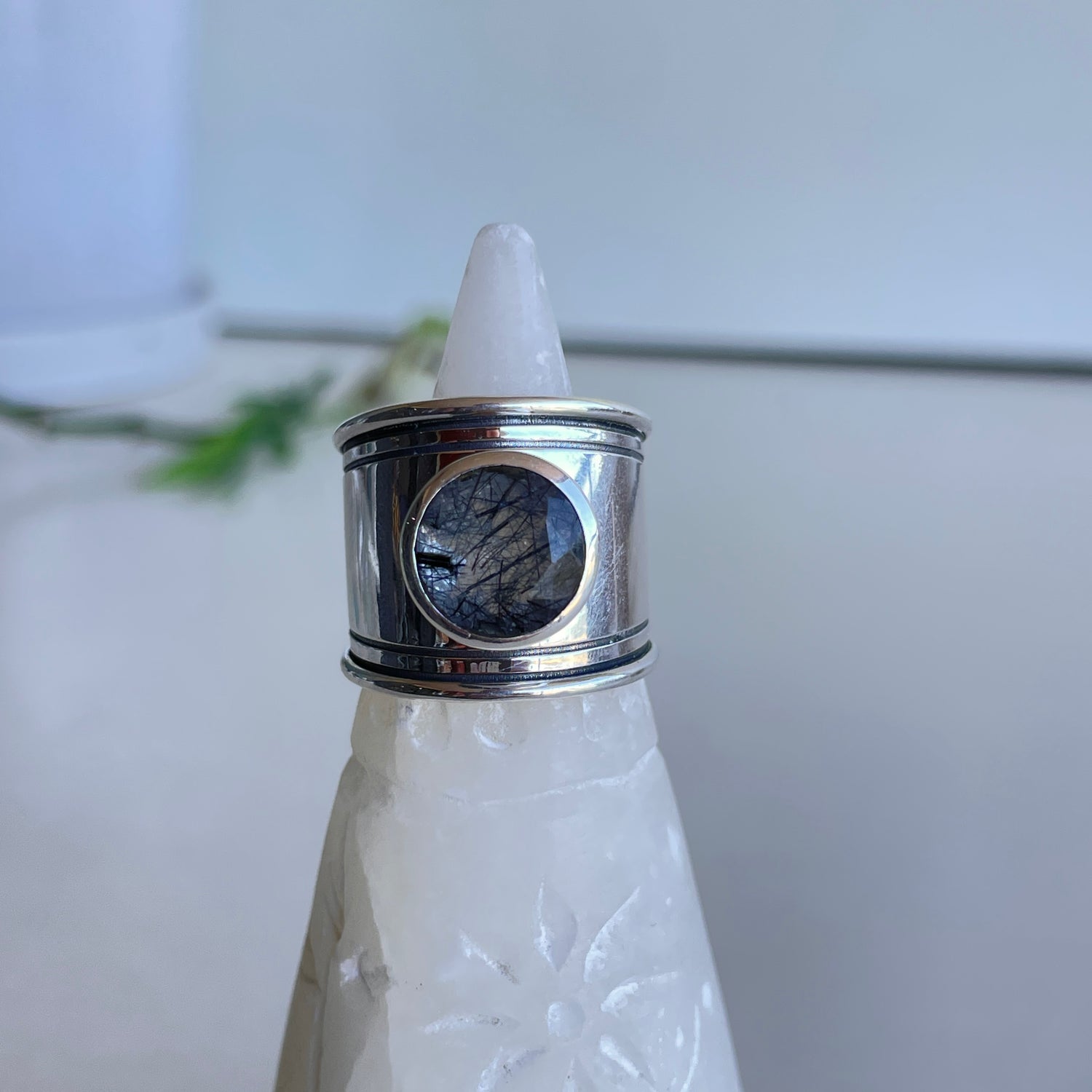 Tourmalinated Quartz Round Wide Ring Sz8