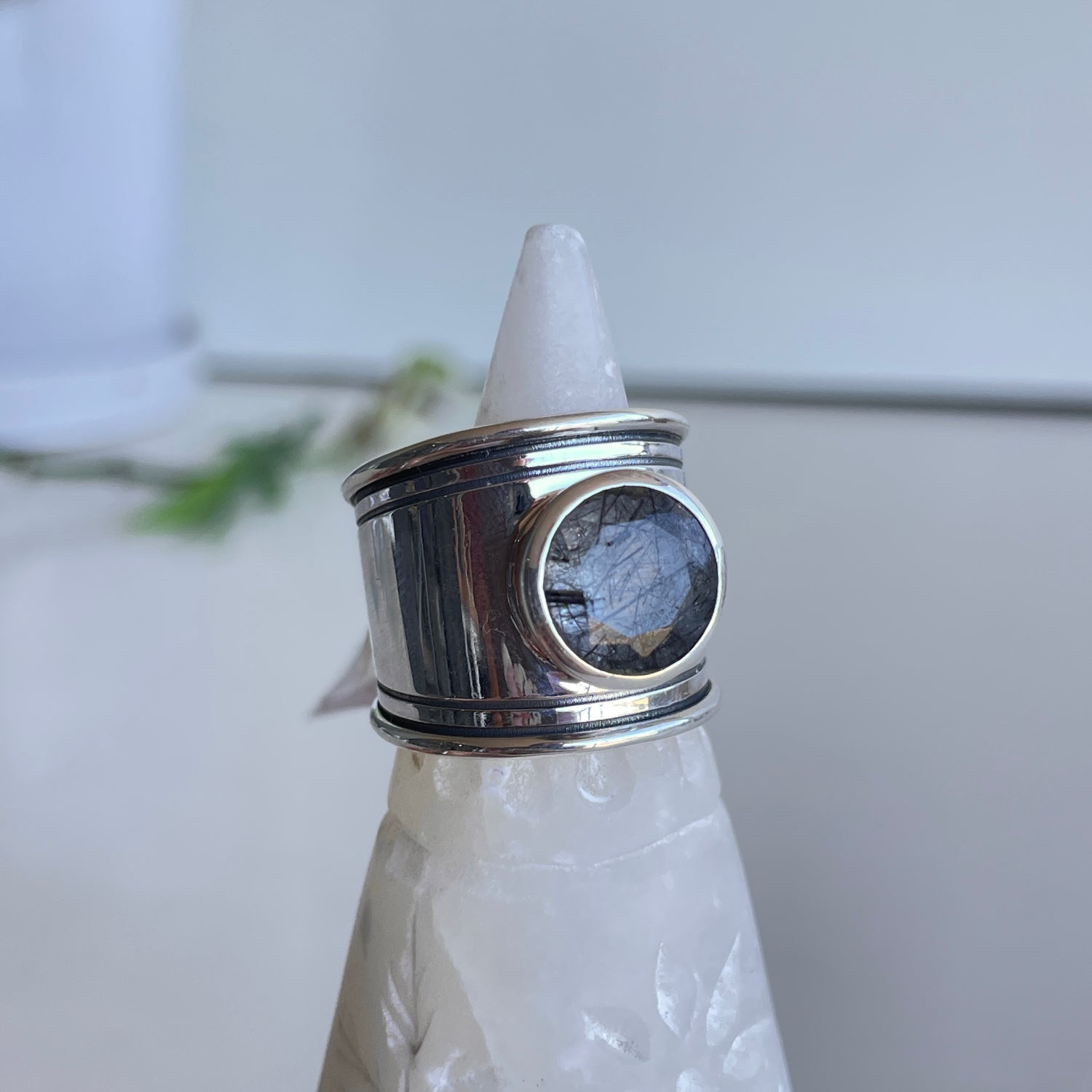 Tourmalinated Quartz Round Wide Ring Sz8