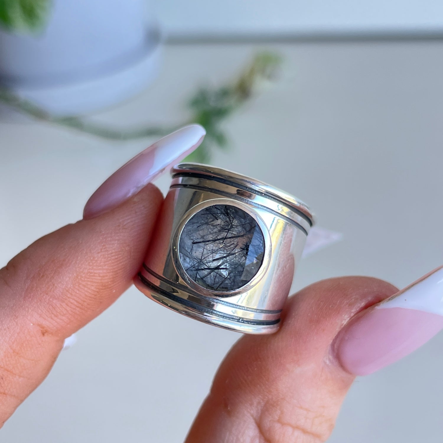 Tourmalinated Quartz Round Wide Ring Sz8