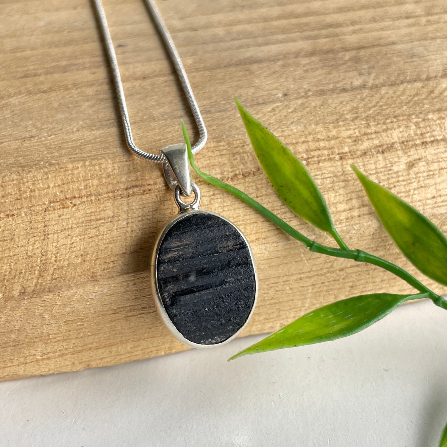 Black Tourmaline Rough Oval Pendant