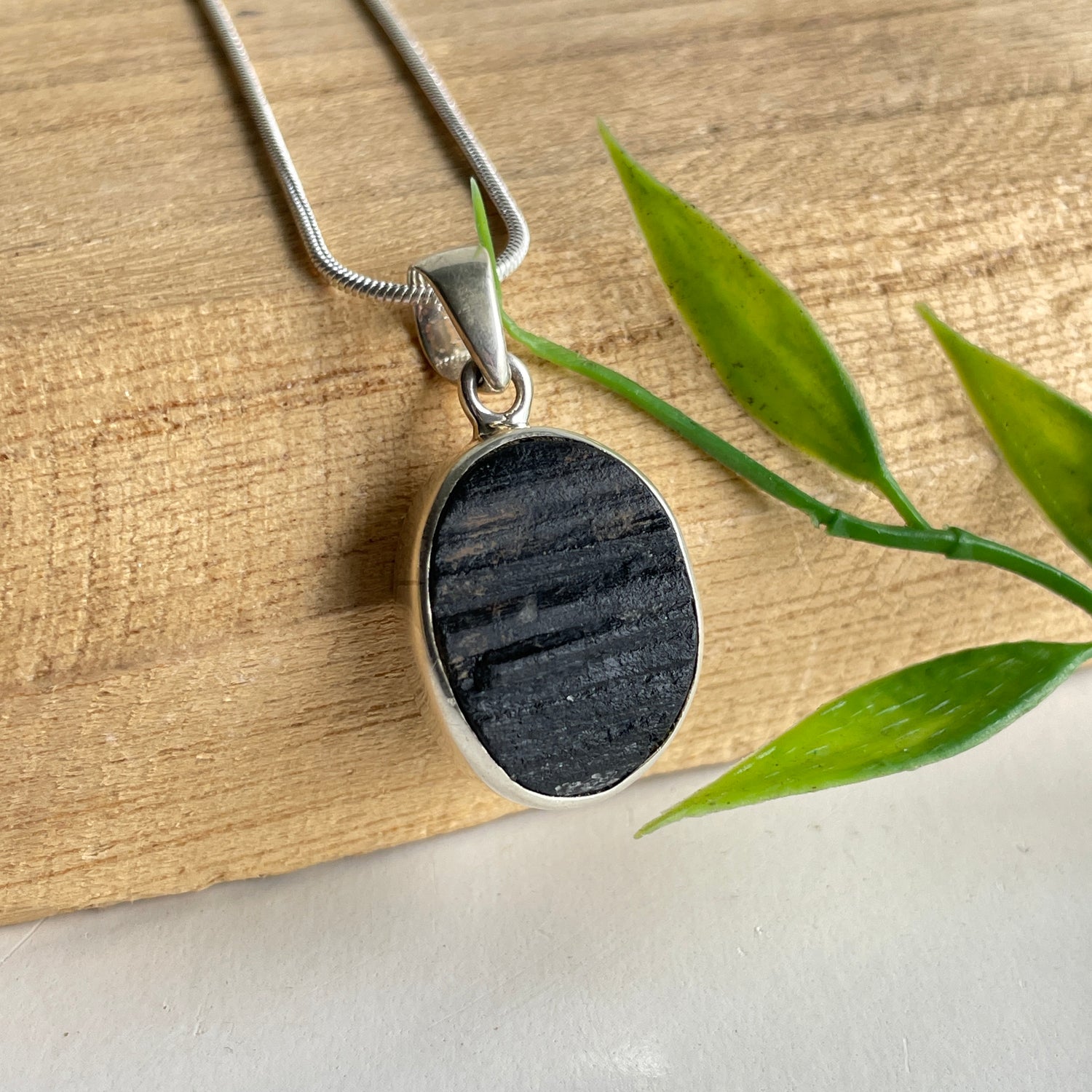 Black Tourmaline Rough Oval Pendant