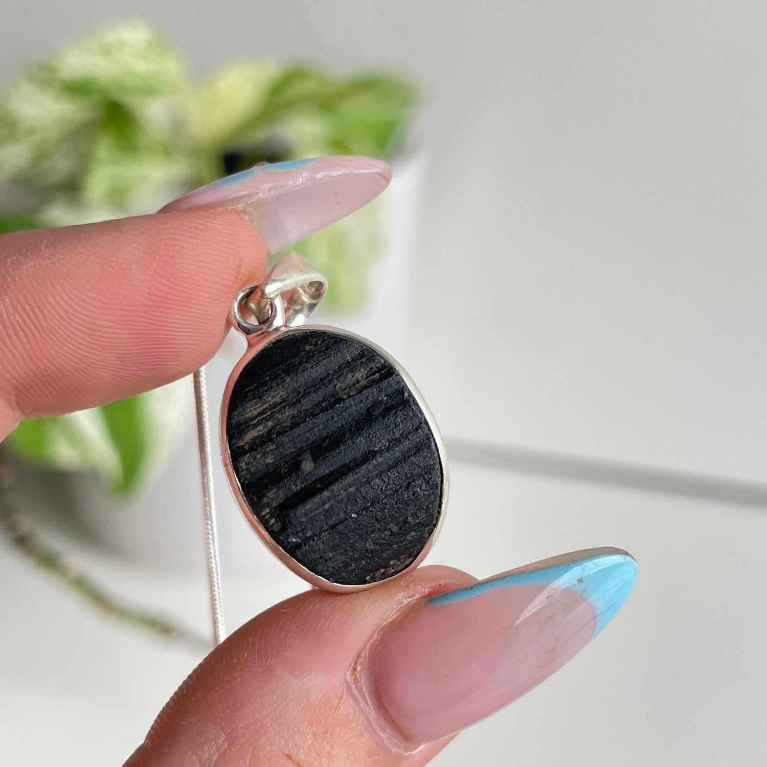Black Tourmaline Rough Oval Pendant