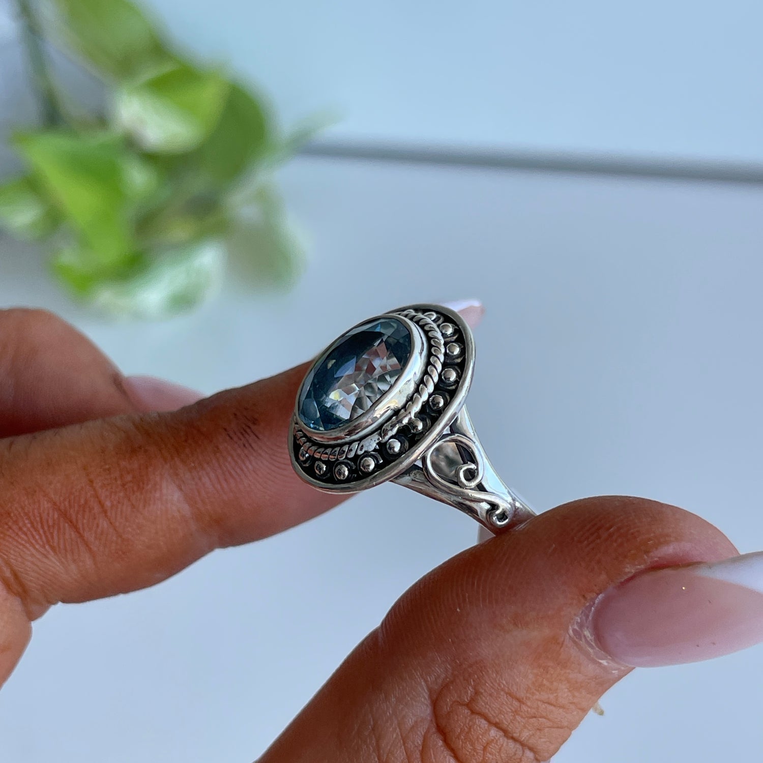 Blue Topaz Oval Detailed Ring