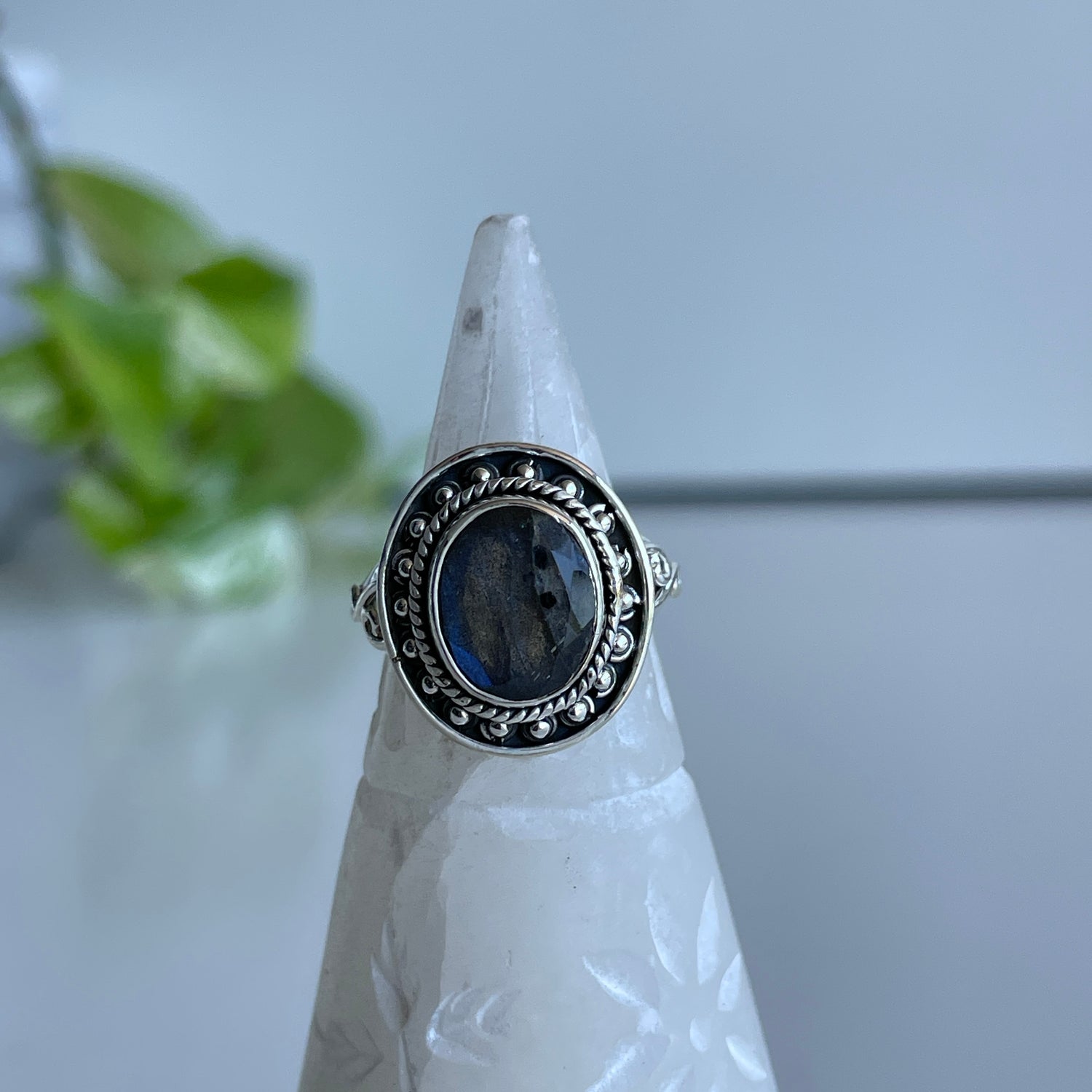 Labradorite Faceted Oval Detailed Ring