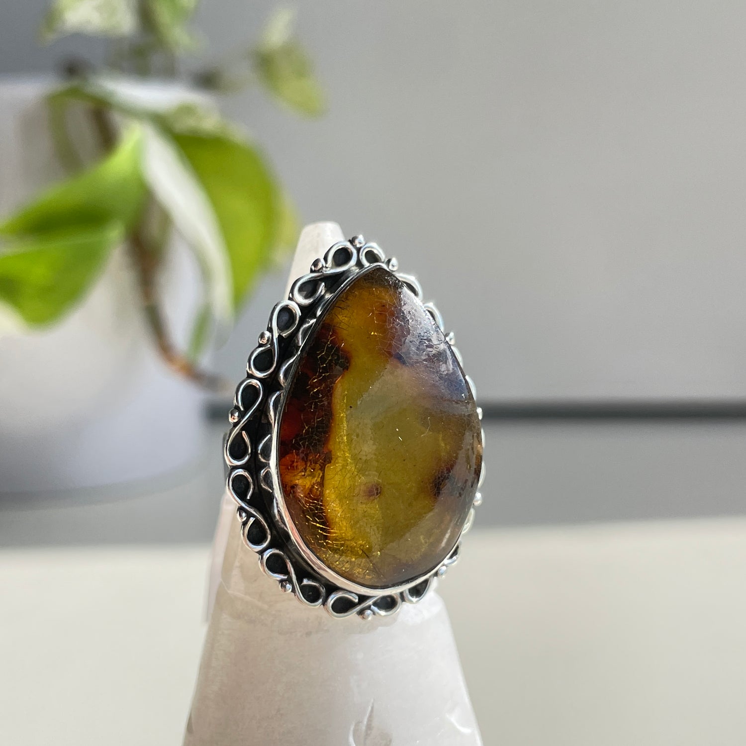 Amber Teardrop Ring Sz Adj