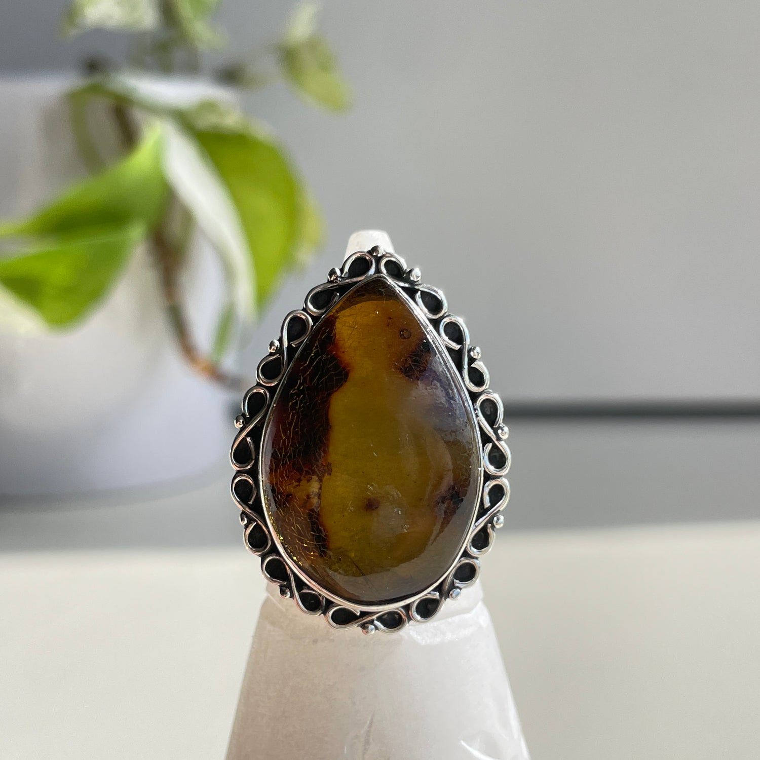 Amber Teardrop Ring Sz Adj