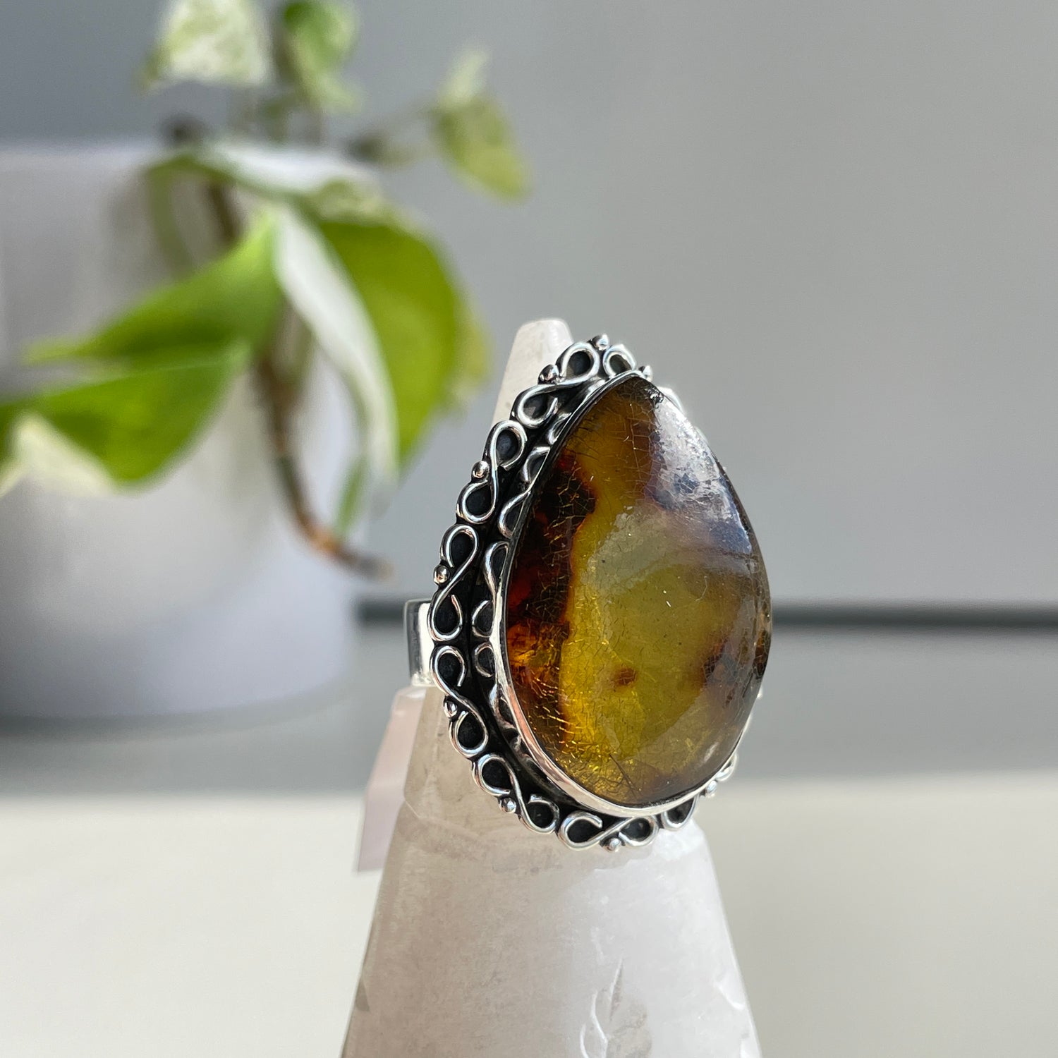 Amber Teardrop Ring Sz Adj