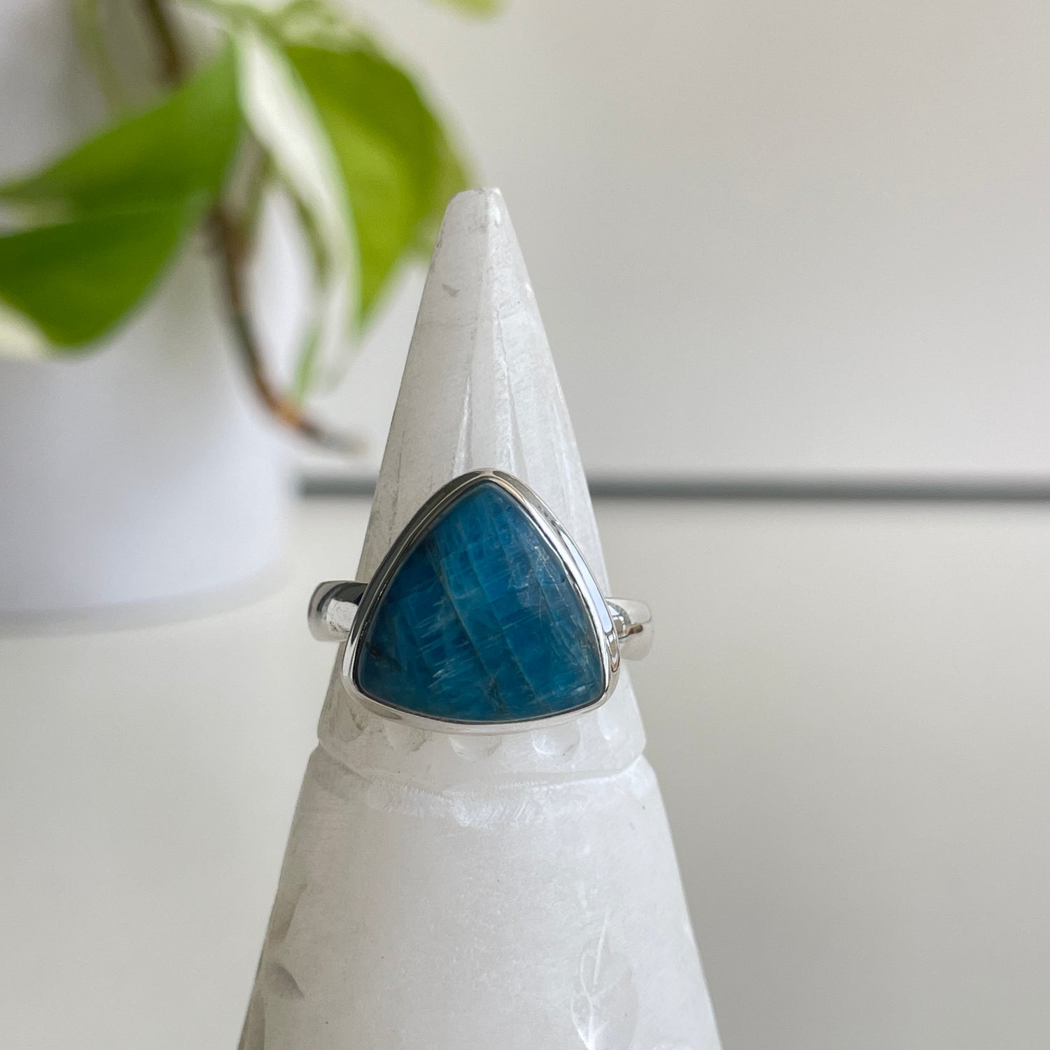 Neon Blue Apatite Triangle Ring Sz10