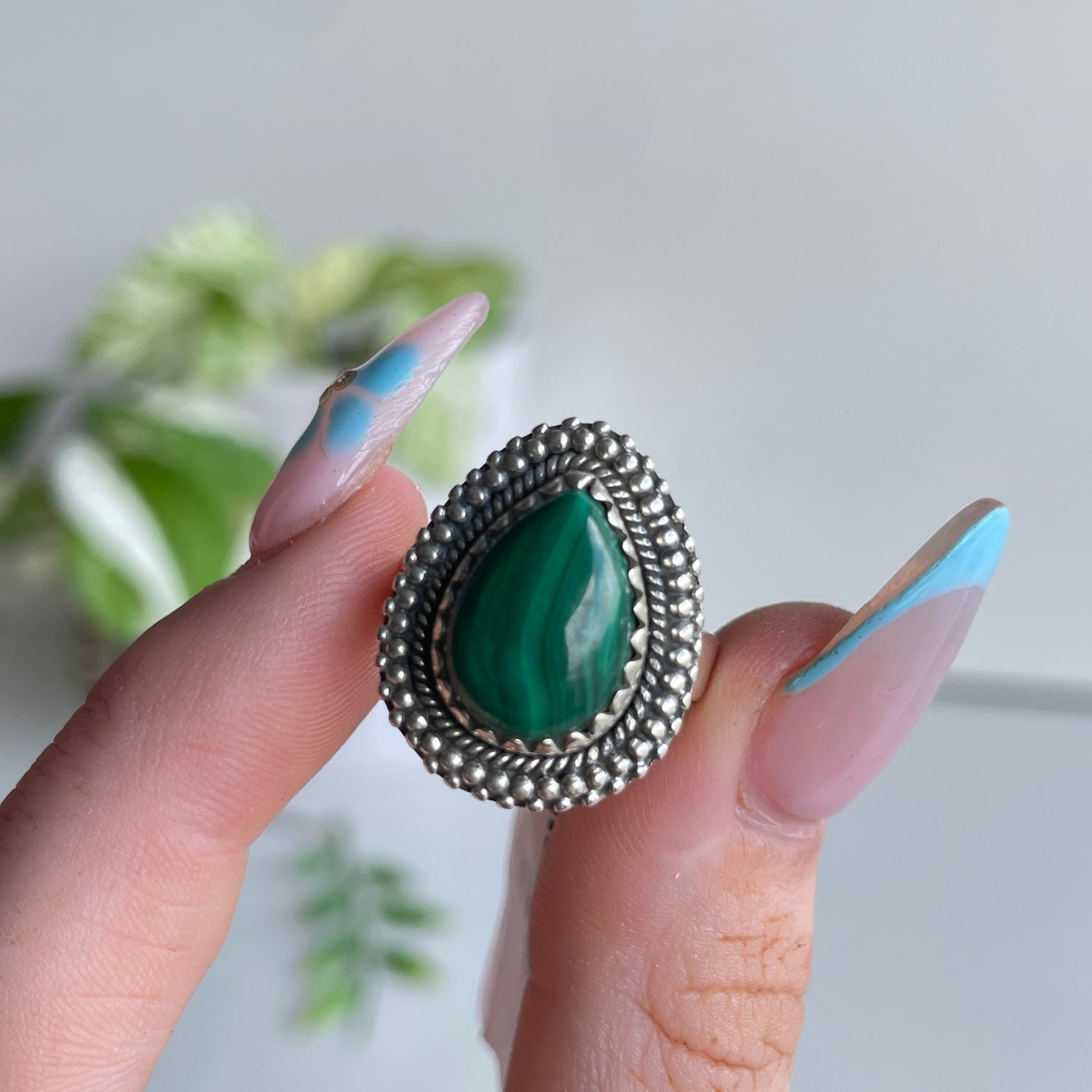 Malachite Teardrop Ring Sz7