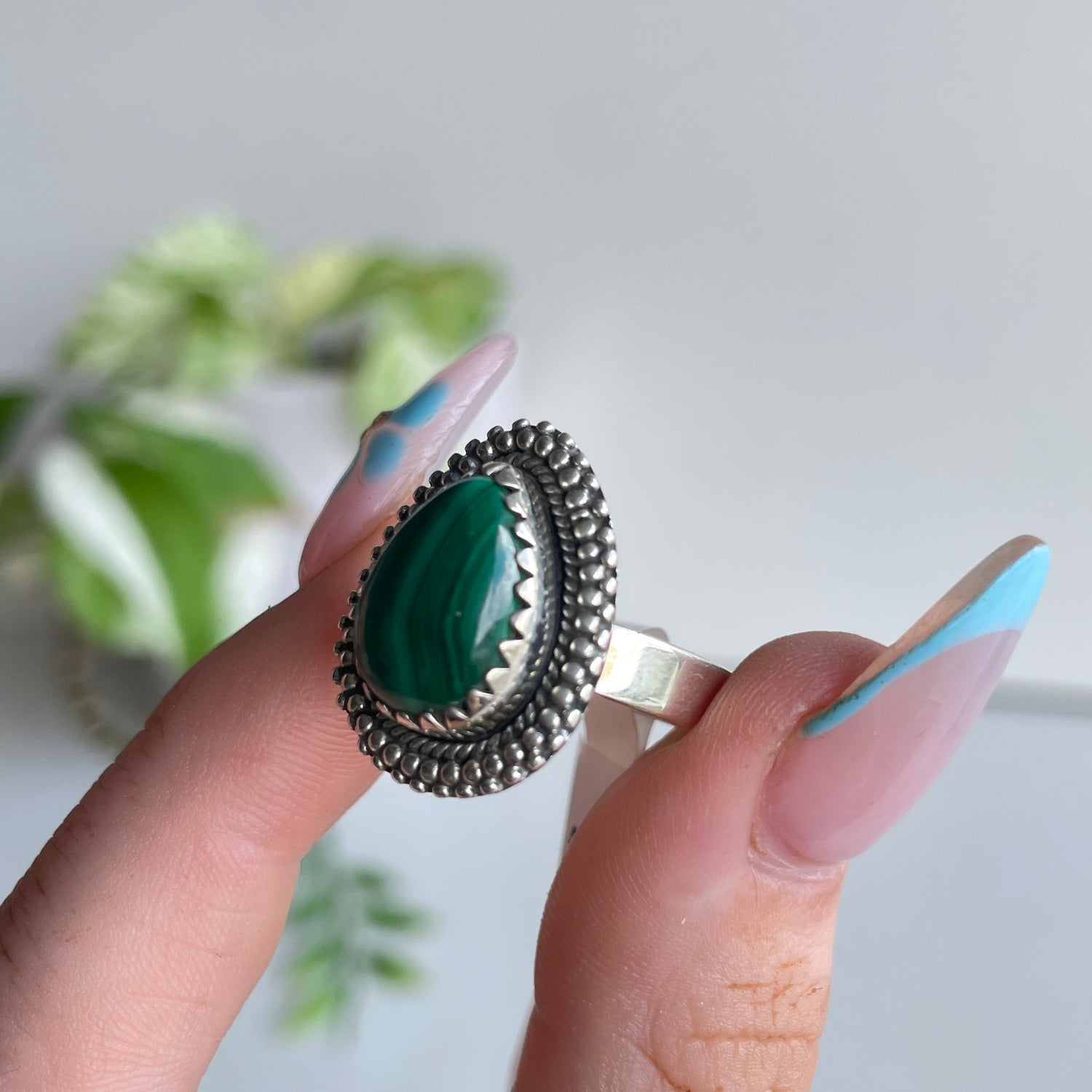 Malachite Teardrop Ring Sz7