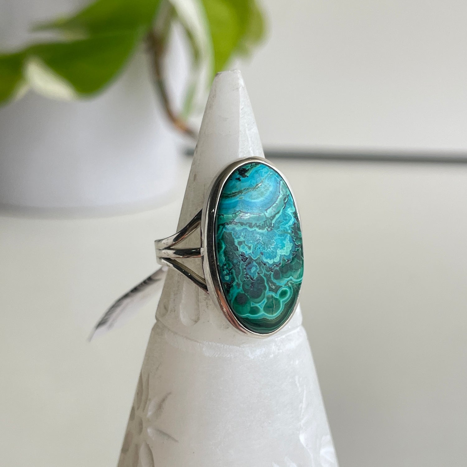Malachite Chrysocolla Oval Ring Sz8