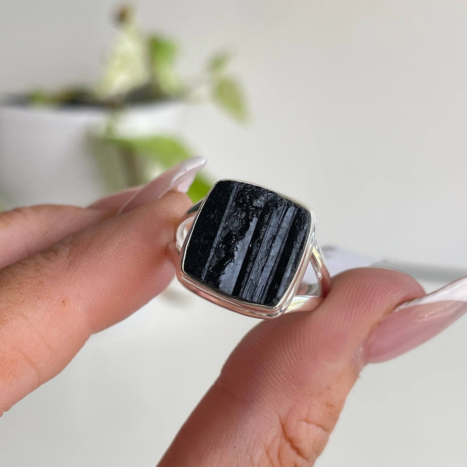 Black Tourmaline Square Ring Sz9