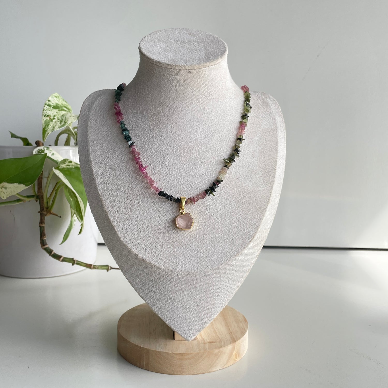 Mixed Tourmaline Rose Quartz 18ct Gold Plated Necklace