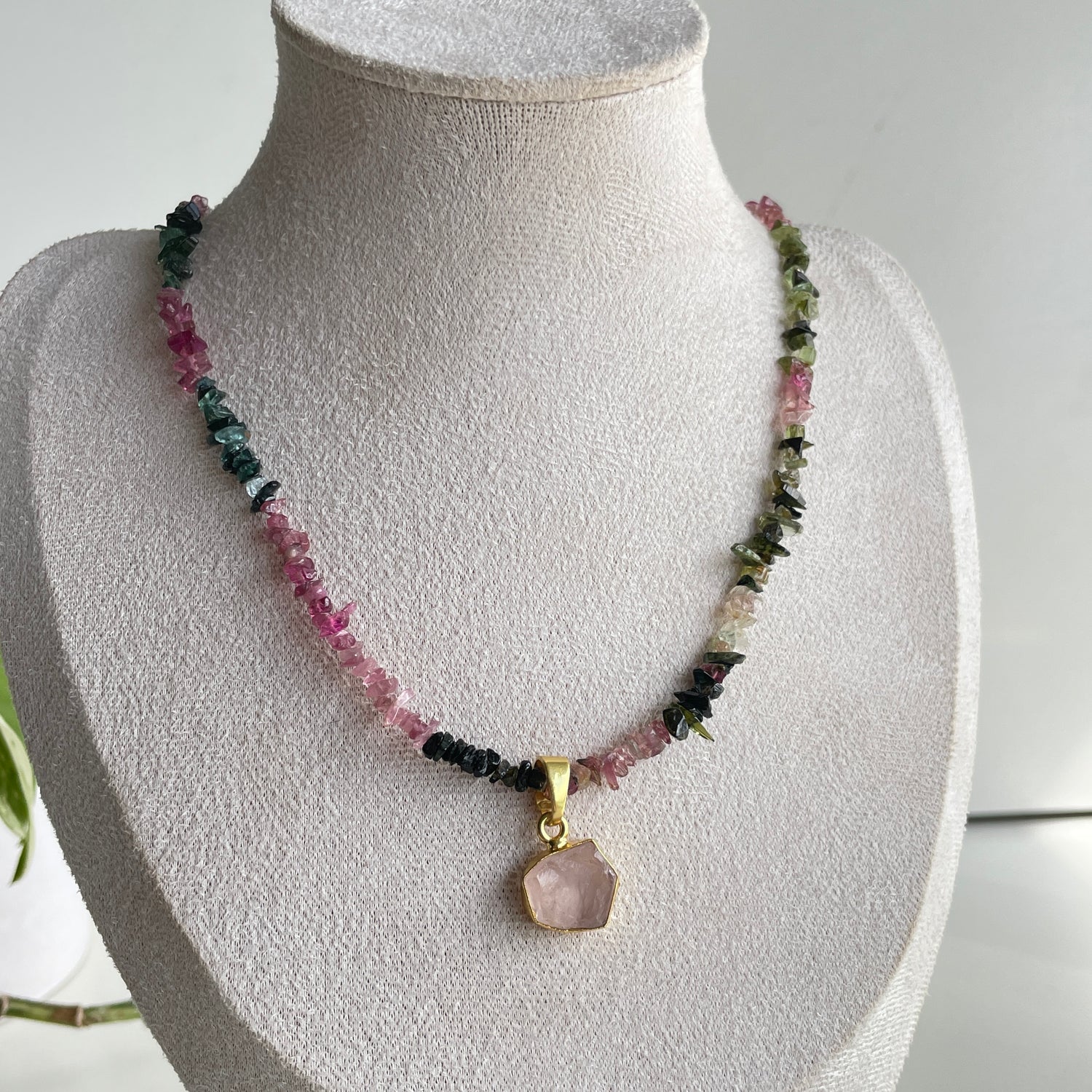 Mixed Tourmaline Rose Quartz 18ct Gold Plated Necklace