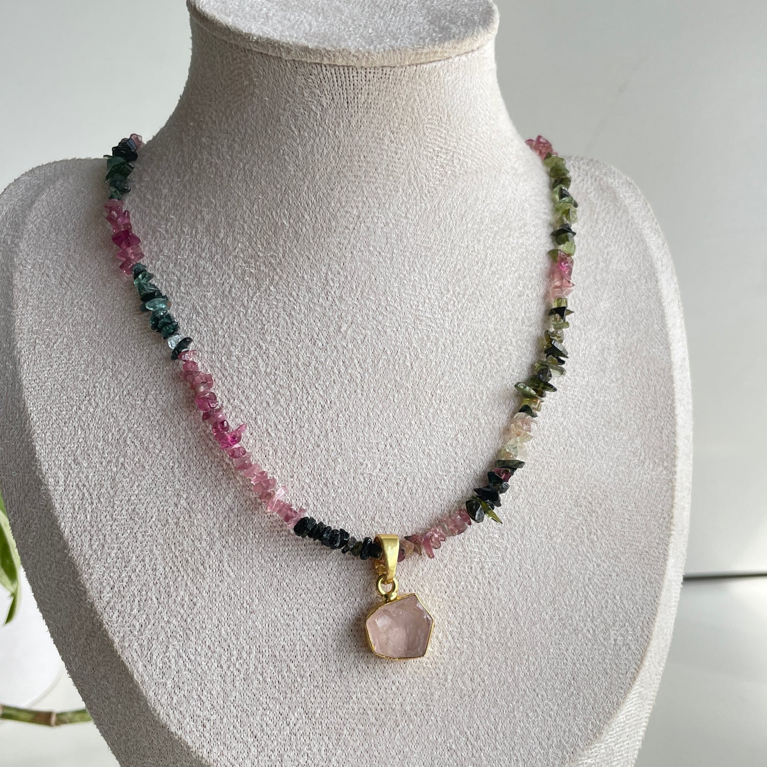 Mixed Tourmaline Rose Quartz 18ct Gold Plated Necklace
