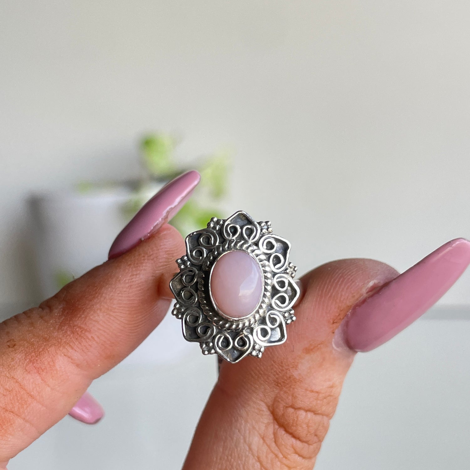 Pink Opal Oval Ring Sz7