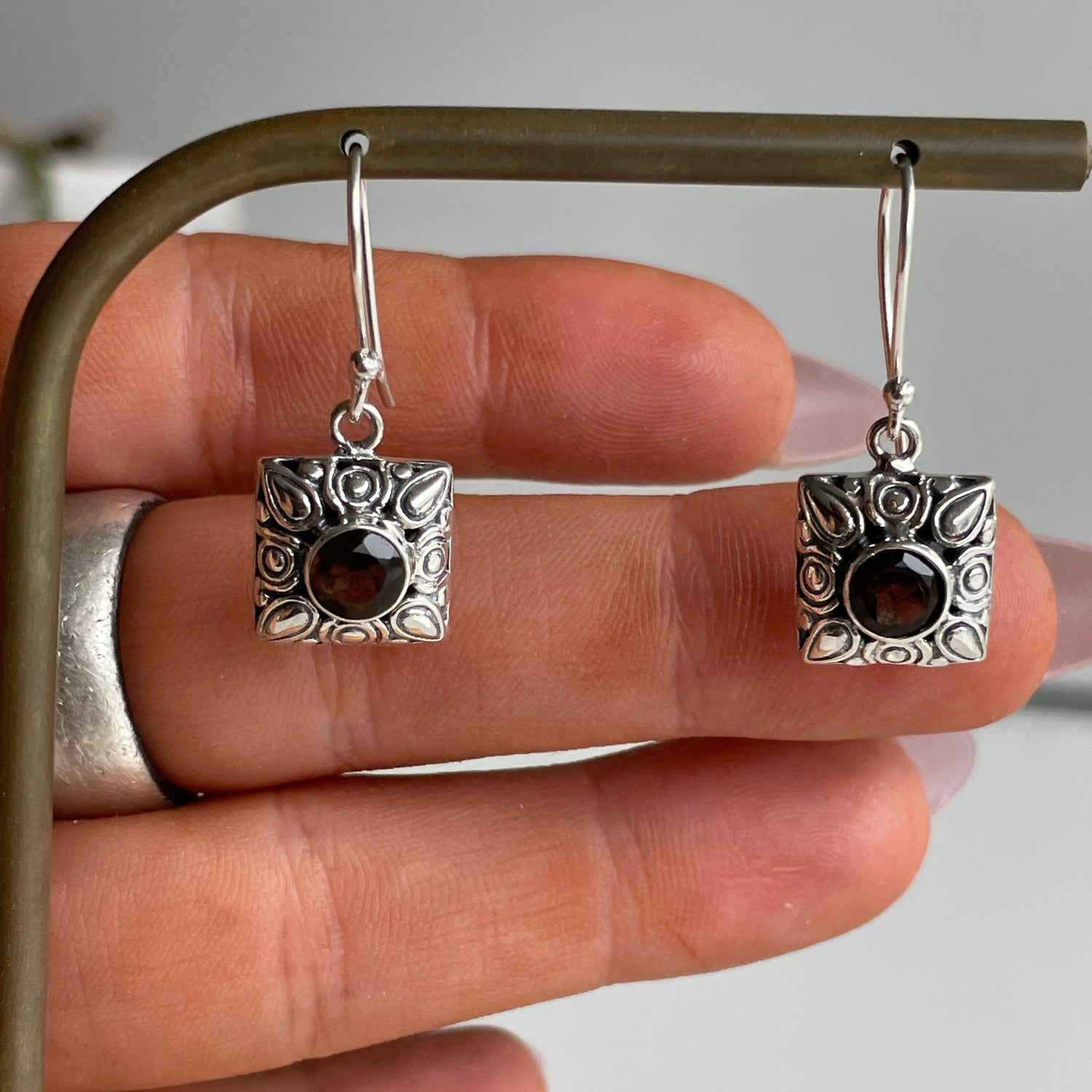 Smoky Quartz Filgree Square Earrings