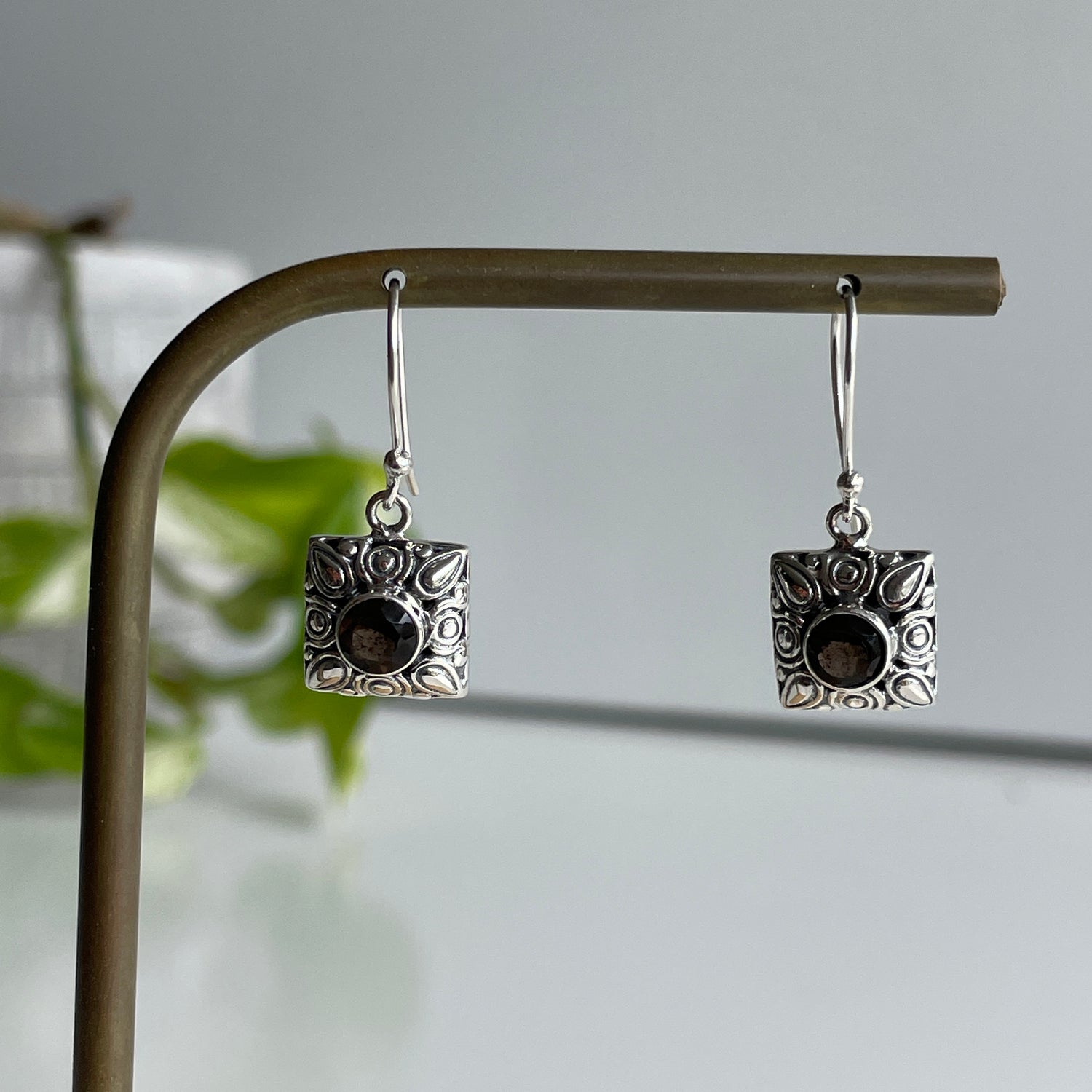 Smoky Quartz Filgree Square Earrings