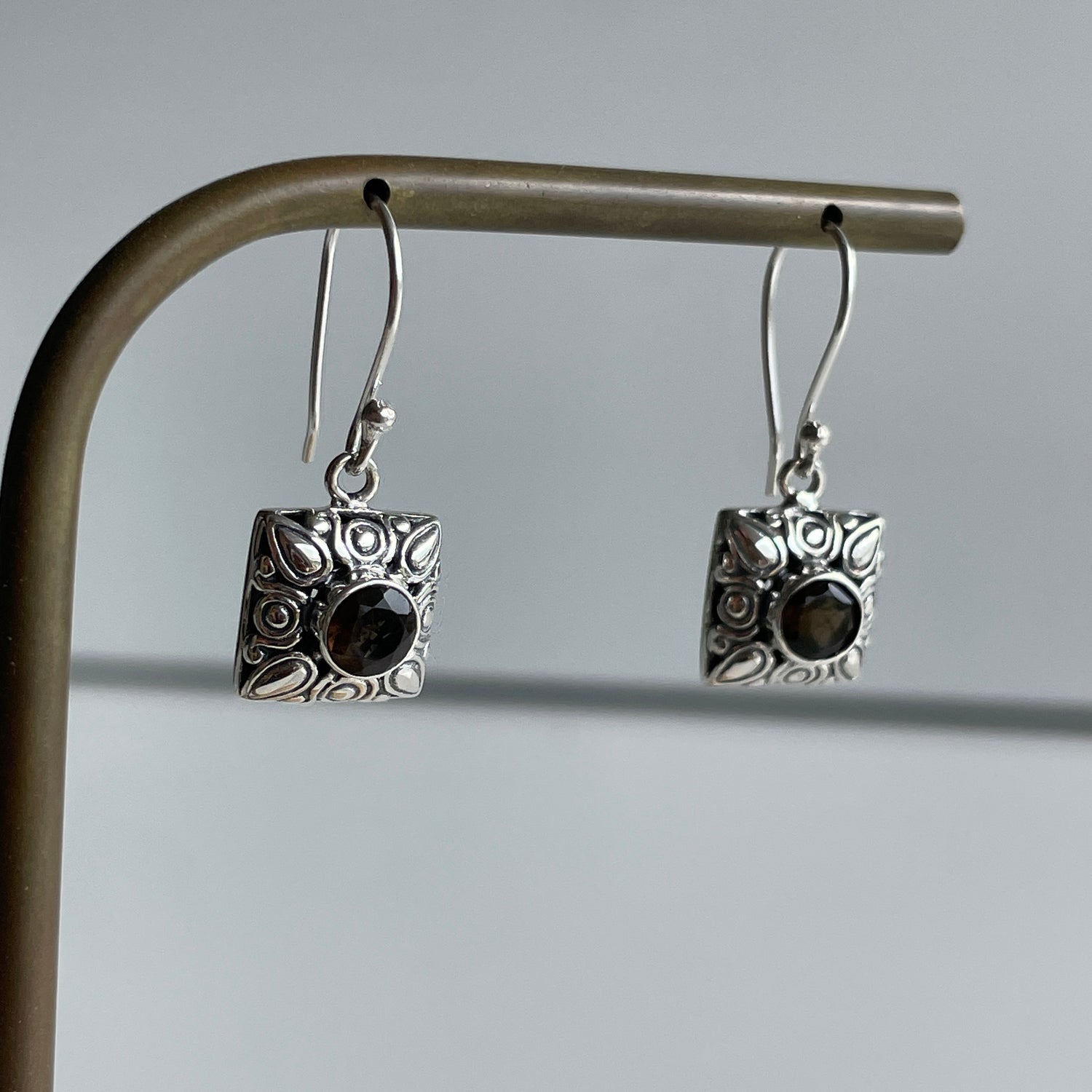 Smoky Quartz Filgree Square Earrings
