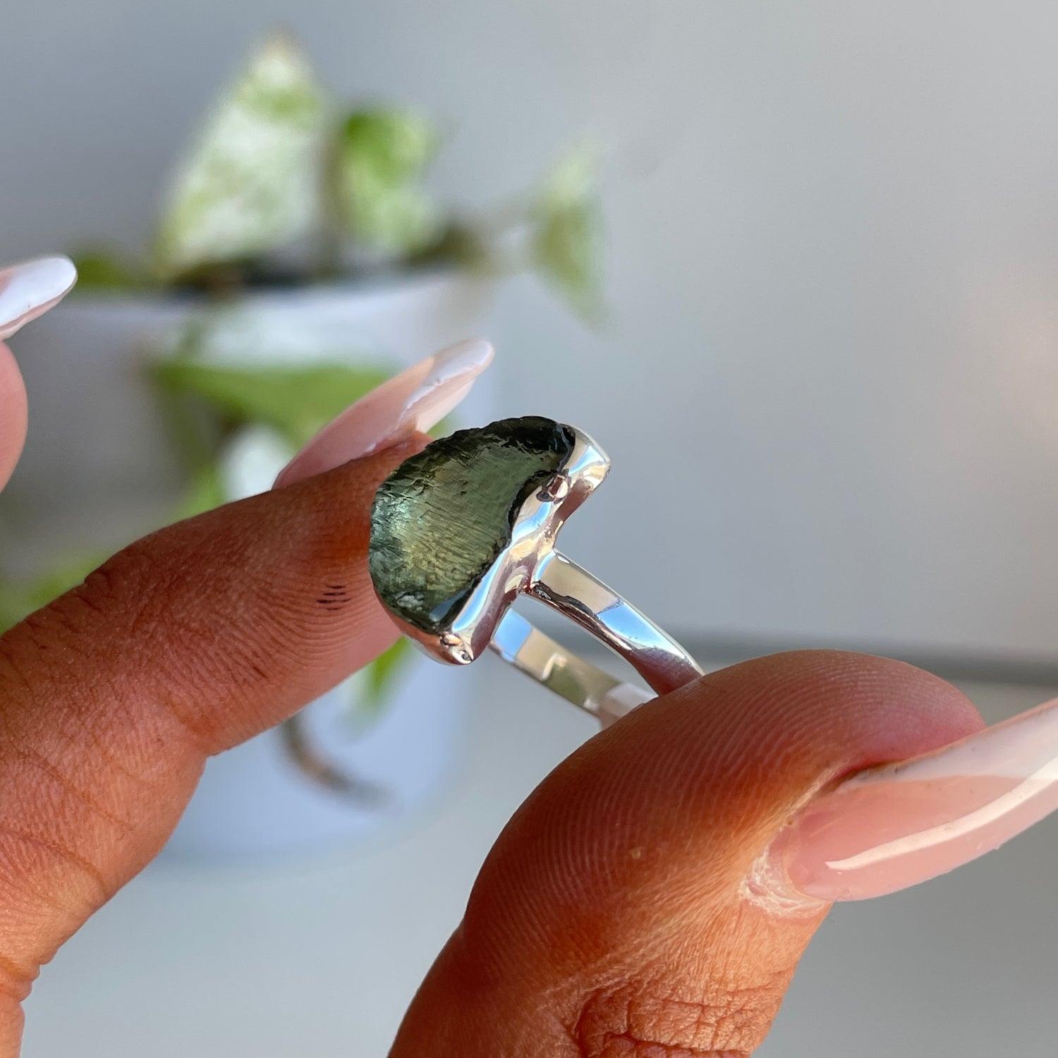 Moldavite Freeform Ring Sz9