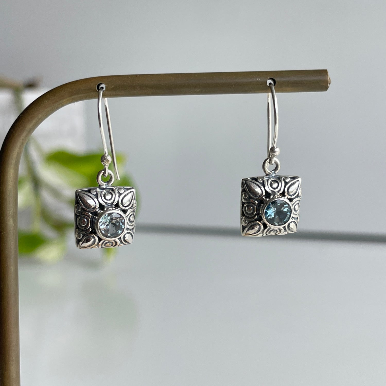 Blue Topaz Filgree Square Earrings