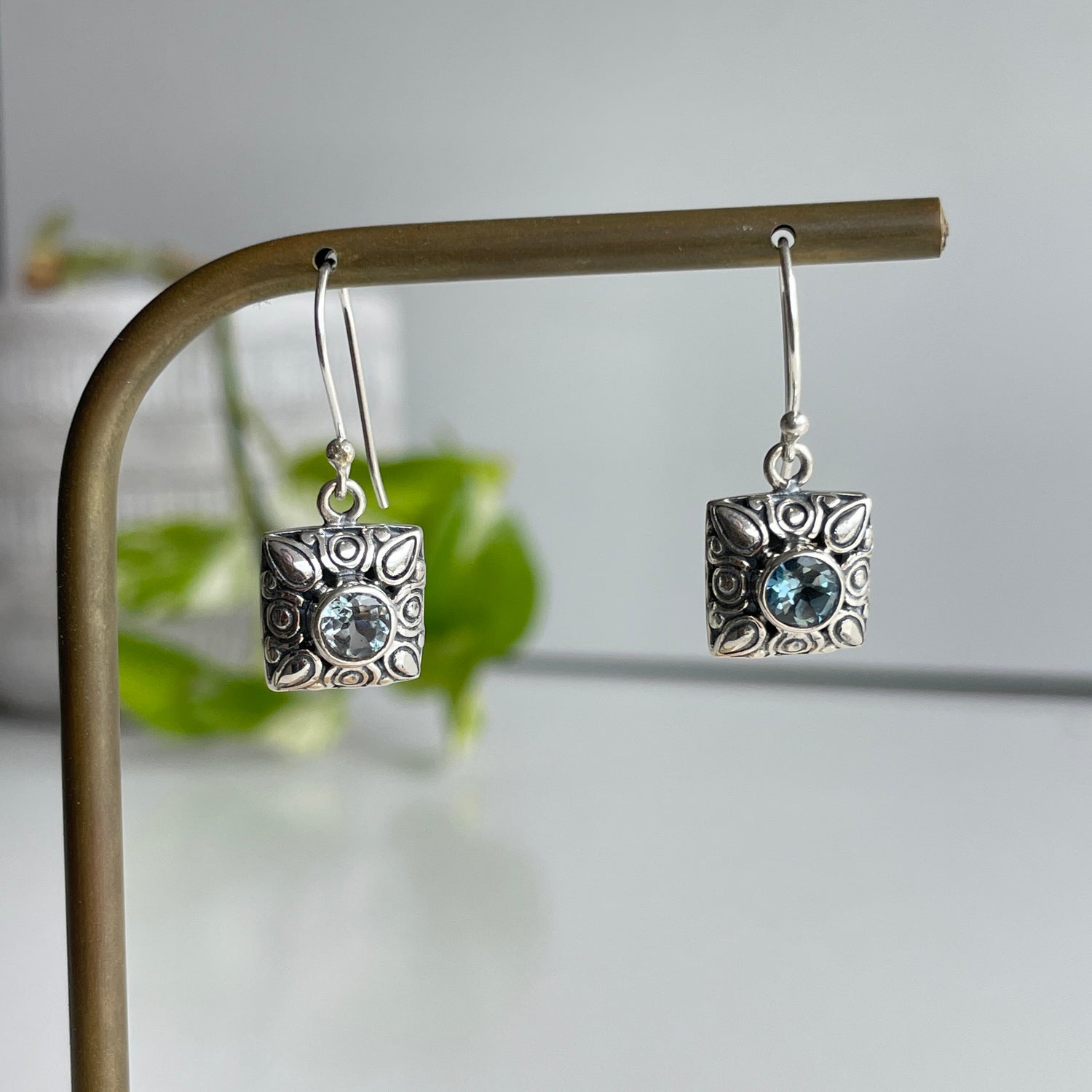 Blue Topaz Filgree Square Earrings