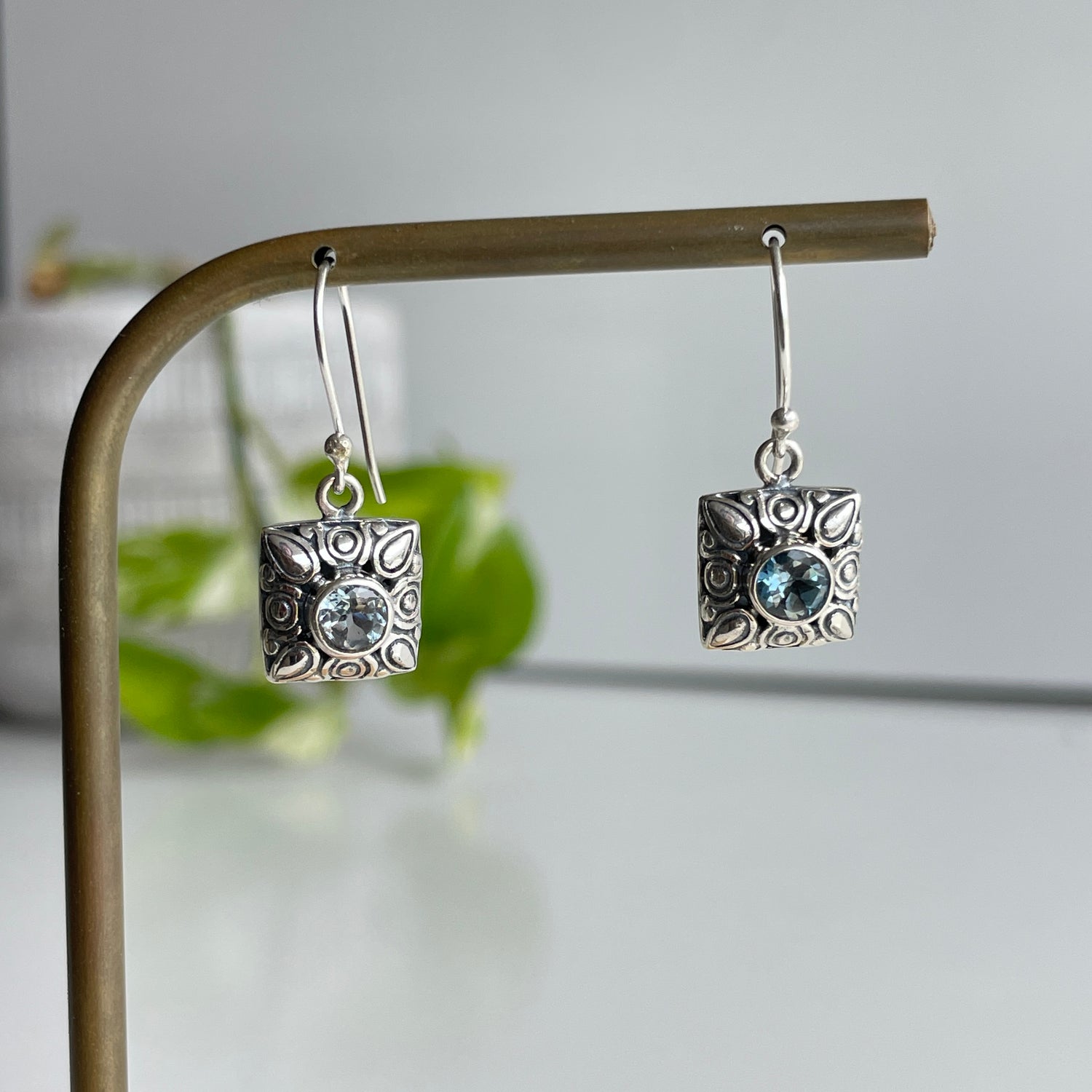 Blue Topaz Filgree Square Earrings