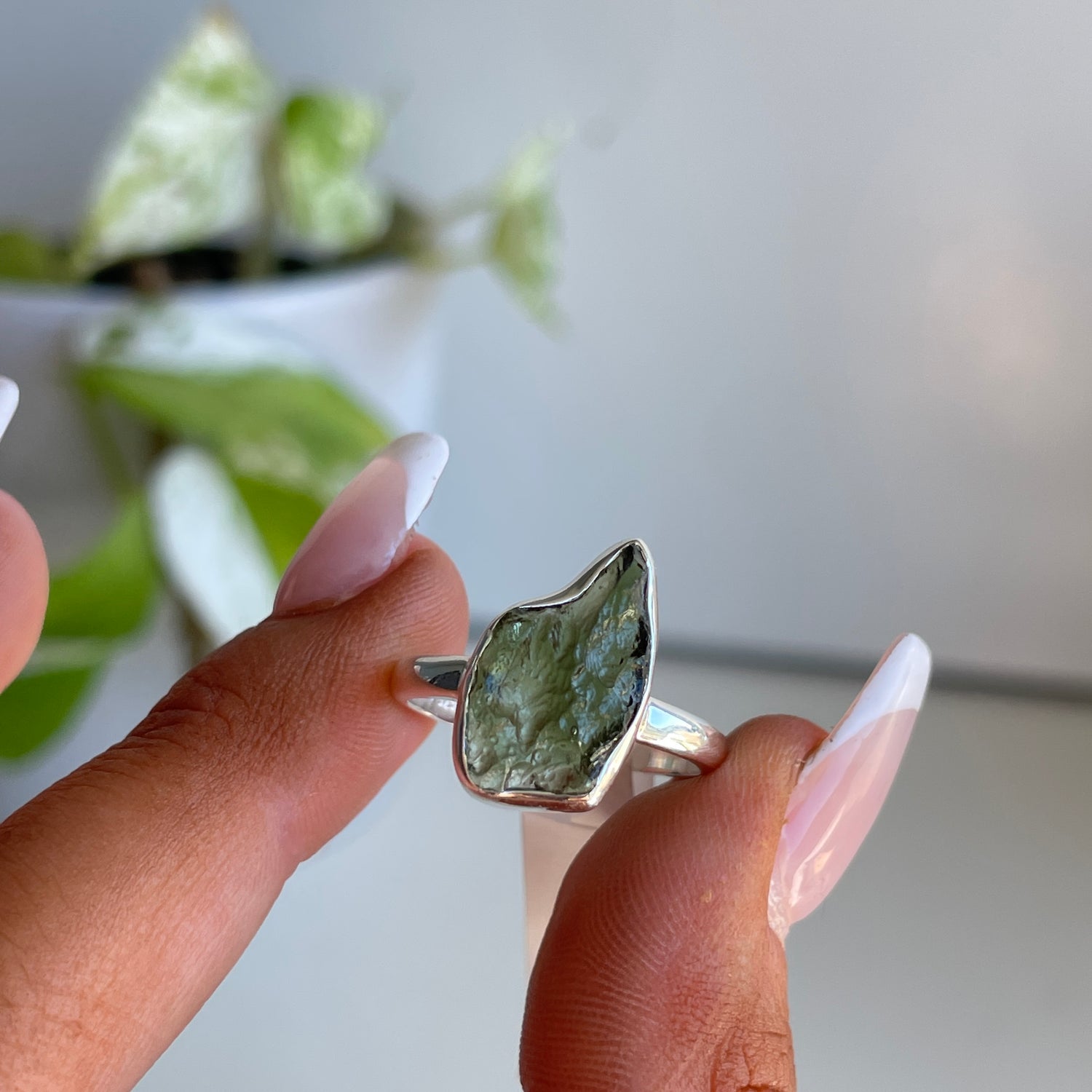 Moldavite Freeform Ring Sz8