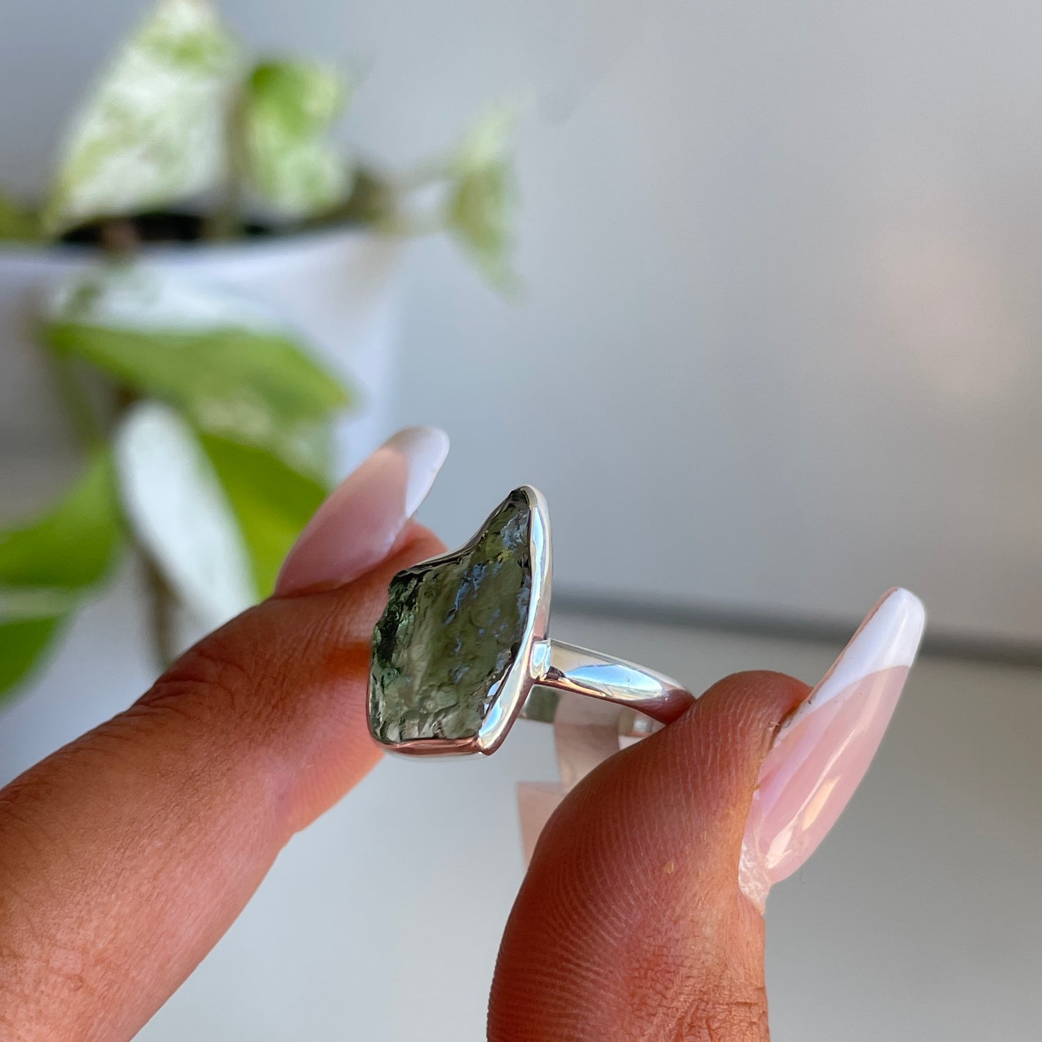 Moldavite Freeform Ring Sz8