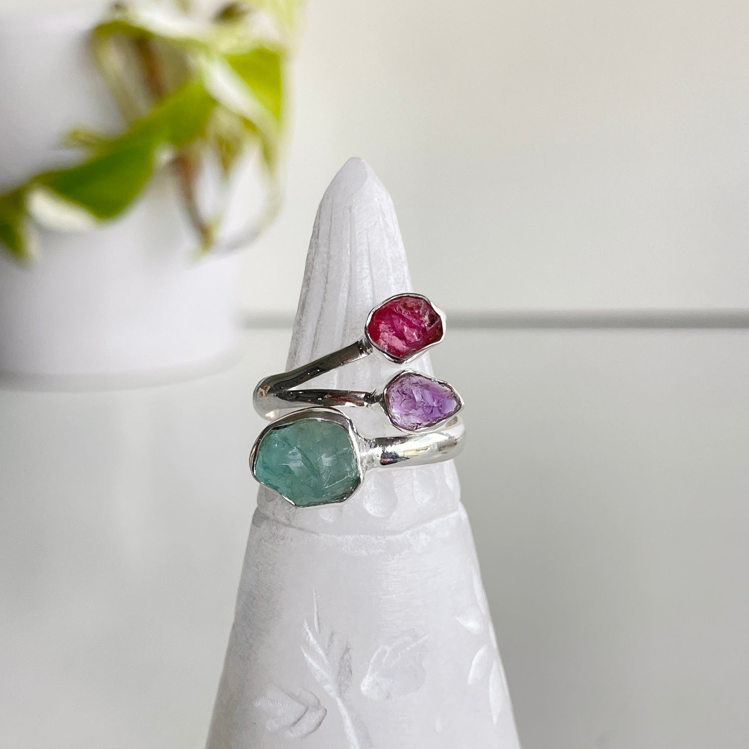 Aquamarine, Amethyst & Pink Tourmaline Rough Ring Sz9